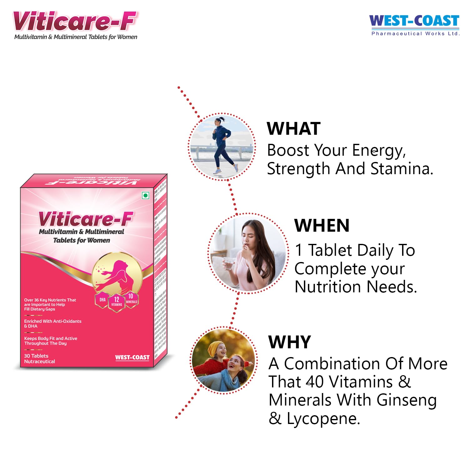 West - Coast Viticare F Multivitamin, Multimineral & Antioxidants Tablets, Over 24+ Key Nutrients For Daily Nutritional Requirement With Grape Seed Extract | 30 Tablets , 50gm 0.1lbs