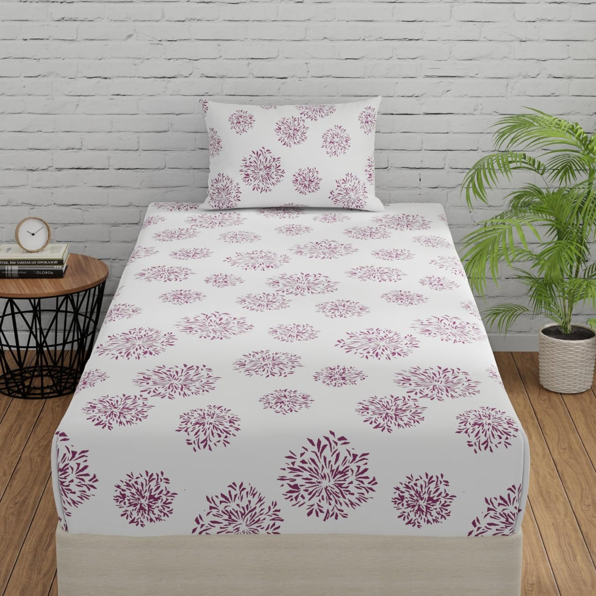 1 Single Bedsheet With 1 Pillow Cover | Durable & Long Lasting Fabric, Easy Hand & Machine Wash | Size - 55 X 88 Inches, White & Mauve