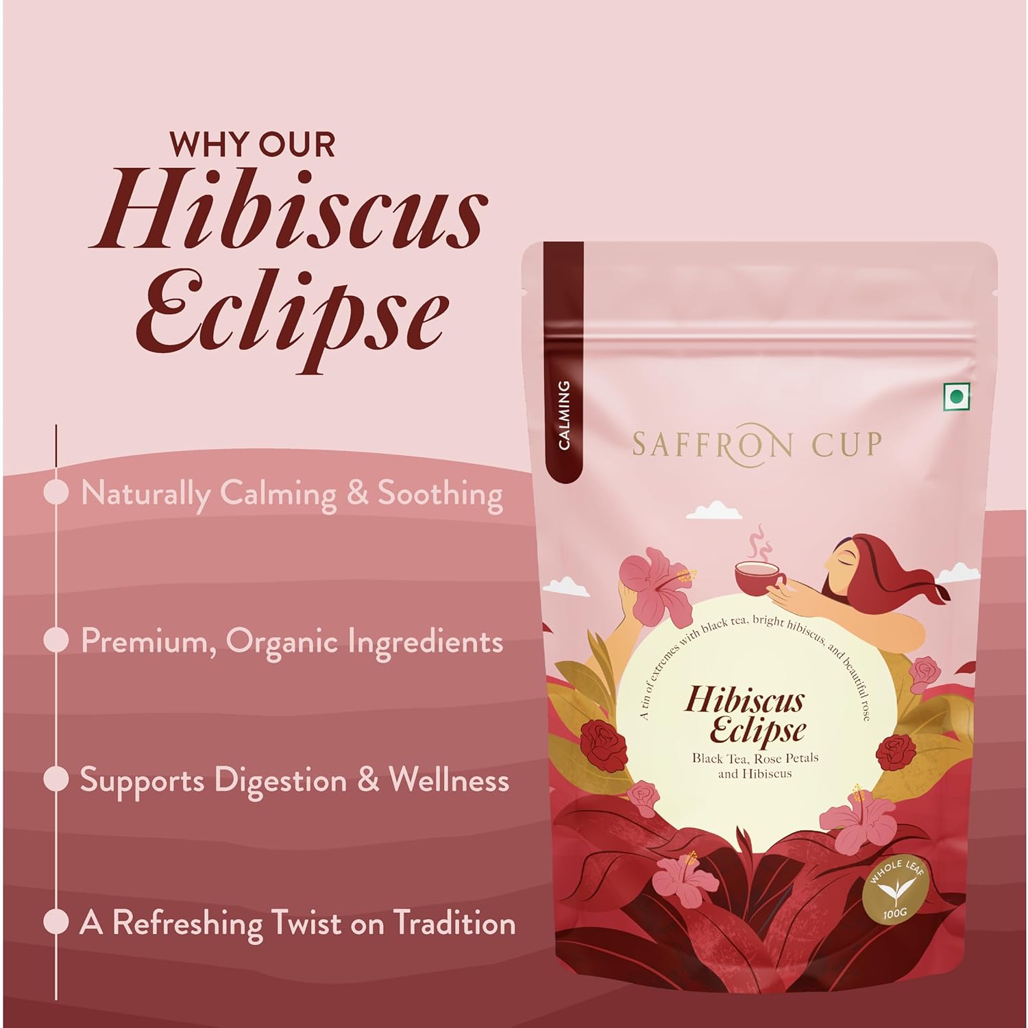 Saffron Cup Hibiscus Eclipse Herbal Tea - 100gm, 3.5 Ounce | Blended With Hibiscus, Black Tea, Fennel Seeds & Rose Petals - 100% Natural, Rich In Antioxidants | Low Caffeine, Airtight Zip Lock Pouch