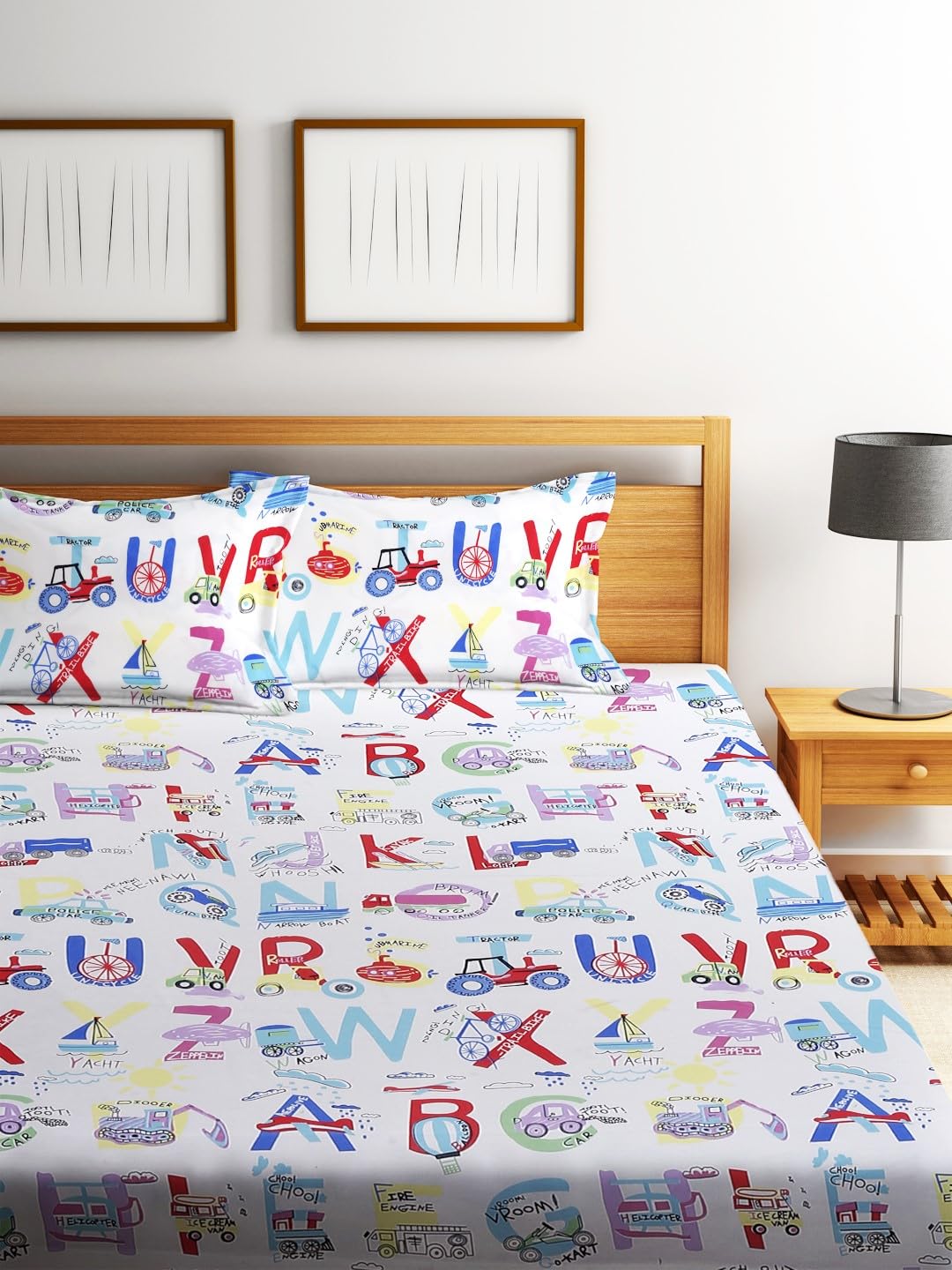 Microfiber Kids Cartoon Elastic Fitted Double Bedsheet With 2 Pillow Covers | 78 X 72 Inches, Multicolor | Normal Hand Wash Or Machine Wash