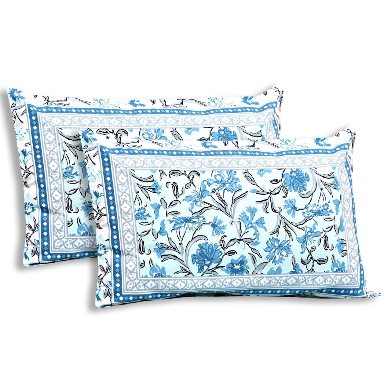 Hand Printed Cotton Bedsheet For King Size With 2 Pillow Covers | 90 X 108 Inches, White & Aqua | Ultra-Soft & Skin-Safe | Breathable Summer Comfort