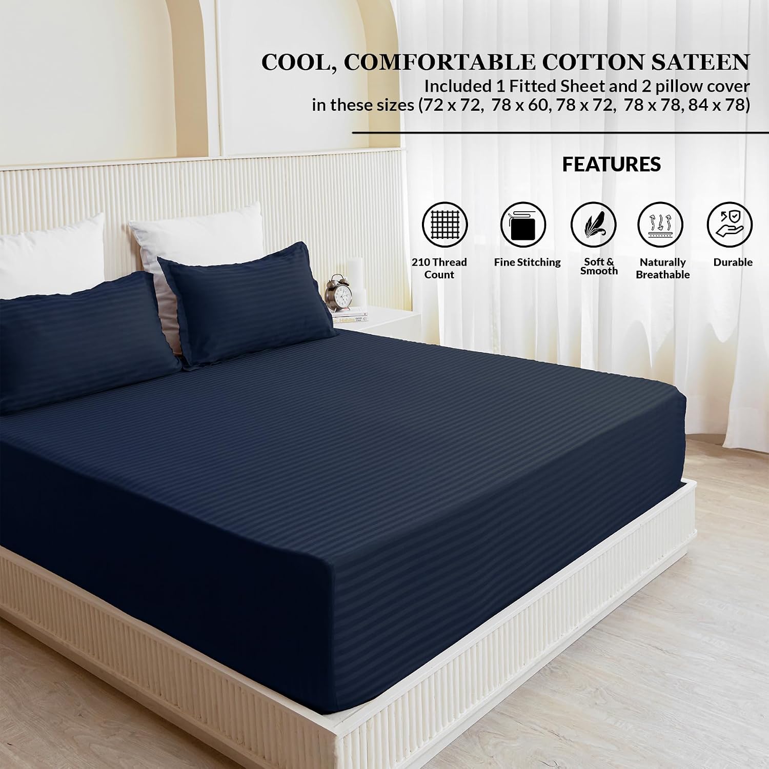 210 TC Cotton Double Bed Fitted Bedsheets With 2 Pillow Cases - 78 X 72 Inches, Dark Blue | Satin Stripes Wrinkle Free | Comfortable Fabric Bedsheet