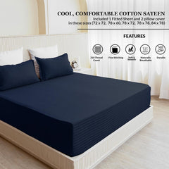 210 TC Cotton Double Bed Fitted Bedsheets With 2 Pillow Cases - 78 X 72 Inches, Dark Blue | Satin Stripes Wrinkle Free | Comfortable Fabric Bedsheet