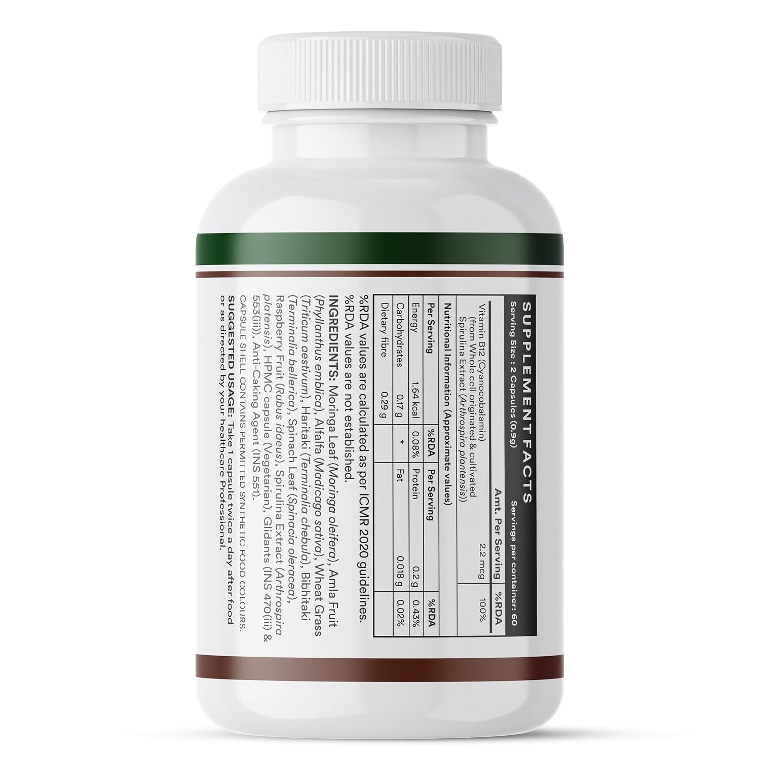 Inlife Plant Based Vitamin B12 Supplements For Men & Women | Supports Nerve Health & Brain Health | B12 From Spirulina Extract | 120 Vegetarian Capsules , 200gm 0.4lbs
