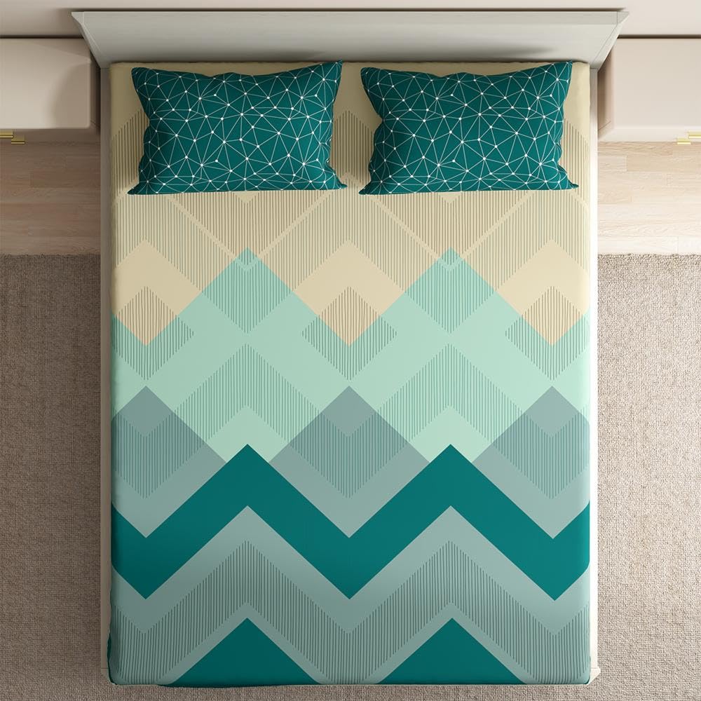 1 Double Bedsheet With 2 Matching Pillow Covers 72 X 48 Inches, Cream & Green | 200 Thread Count Durable & Long Lasting | All Around Elastic Fitted Sheet