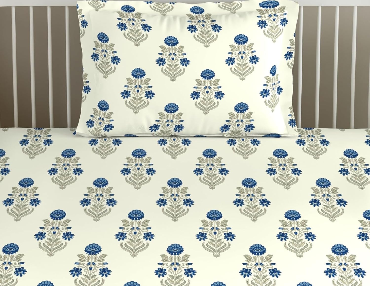 Cotton Printed Single Flat Bedsheet With 1 Pillow Cover - 60 X 100 Inches, White & Blue | Breathable & Skin Friendly Bedsheet | Ideal For Year Round Use