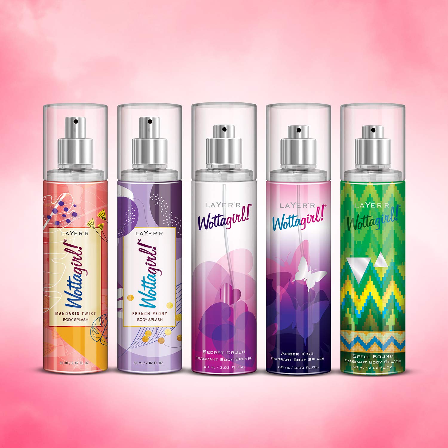 Layer'r Wottagirl Mandarin Twist + French Peony + Secret Crush + Amber Kiss + Spell Bound Body Splash Each  60ml 2 Fl.oz. | Combo Of 5