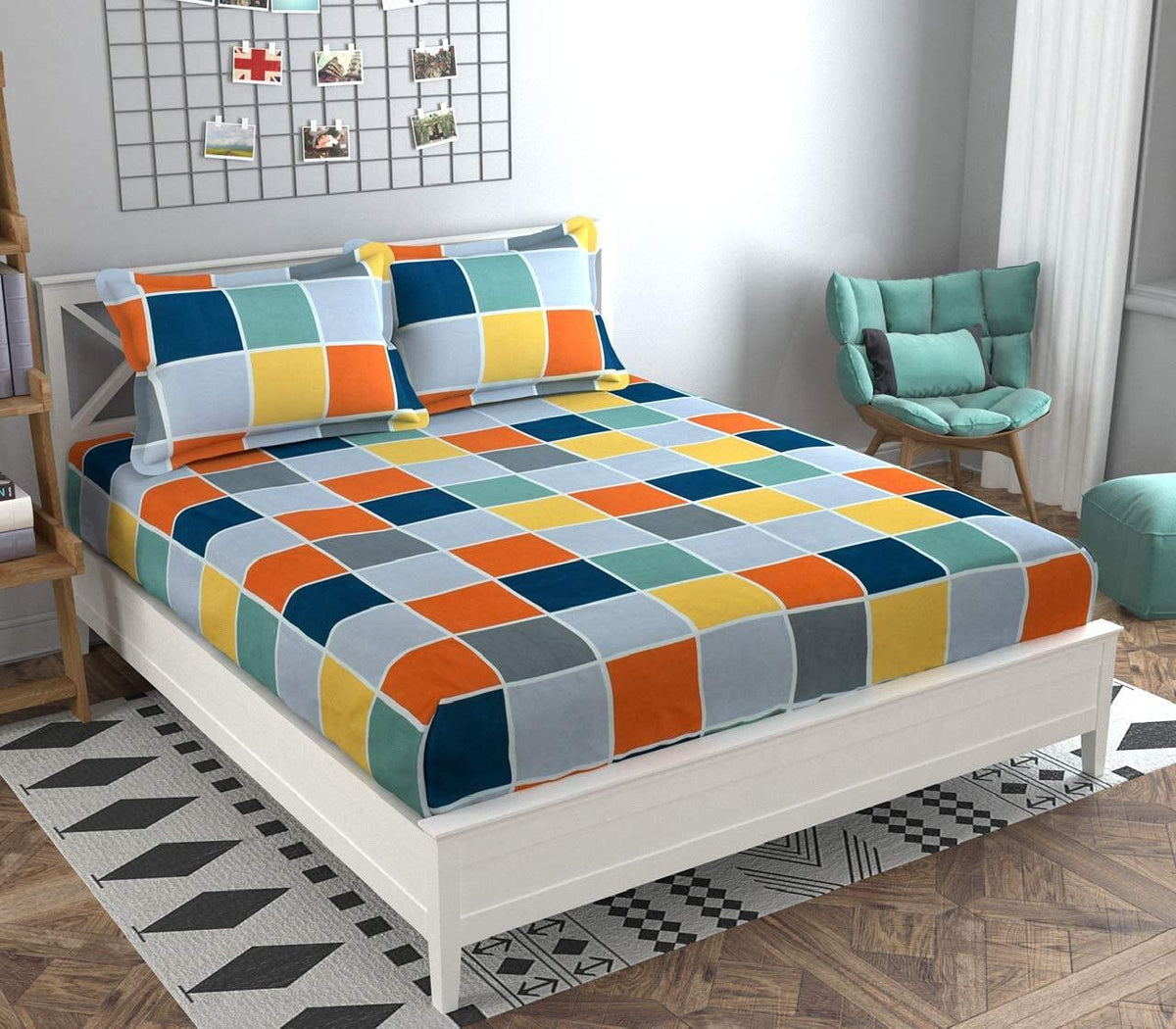 Cotton Printed King Size Double Bedsheet With 2 Pillow Cover - 72 X78 X8 Inches, Multicolor | Durable & Long Lasting - All Around Elastic Fitted Bedsheet