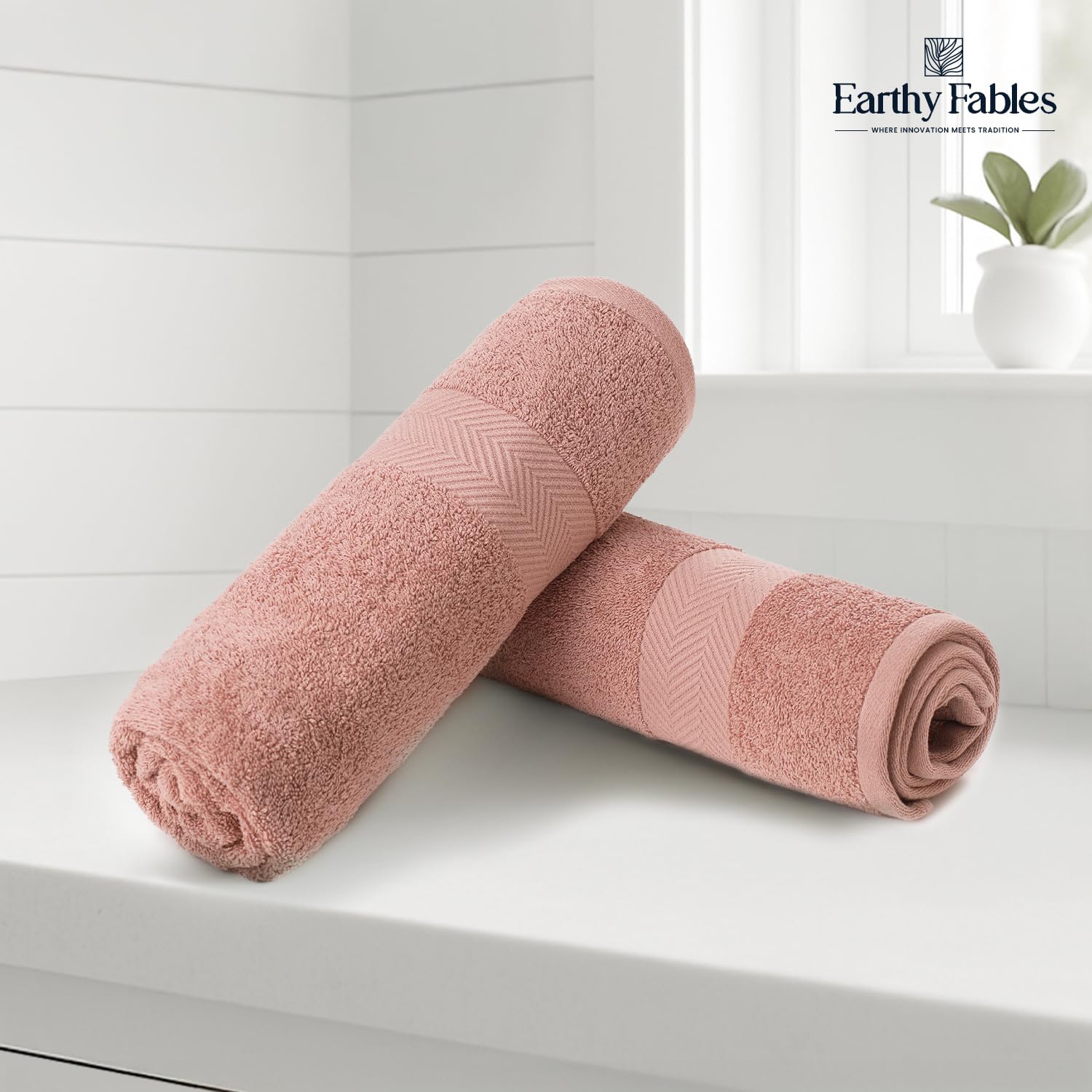 Earthy Fables Pure Carded Cotton Bath Towel 1000 Gsm | Soft, Absorbent, Quick Dry & Skin-Friendly Towel Set Of 2 (Blush)