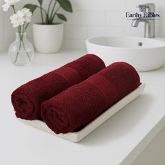 Earthy Fables Basic Hand Towel 400 Gsm | Pure Carded Cotton, Soft, Absorbent, Quick Dry & Skin-Friendly Towel - Pack Of 2 (Wine)