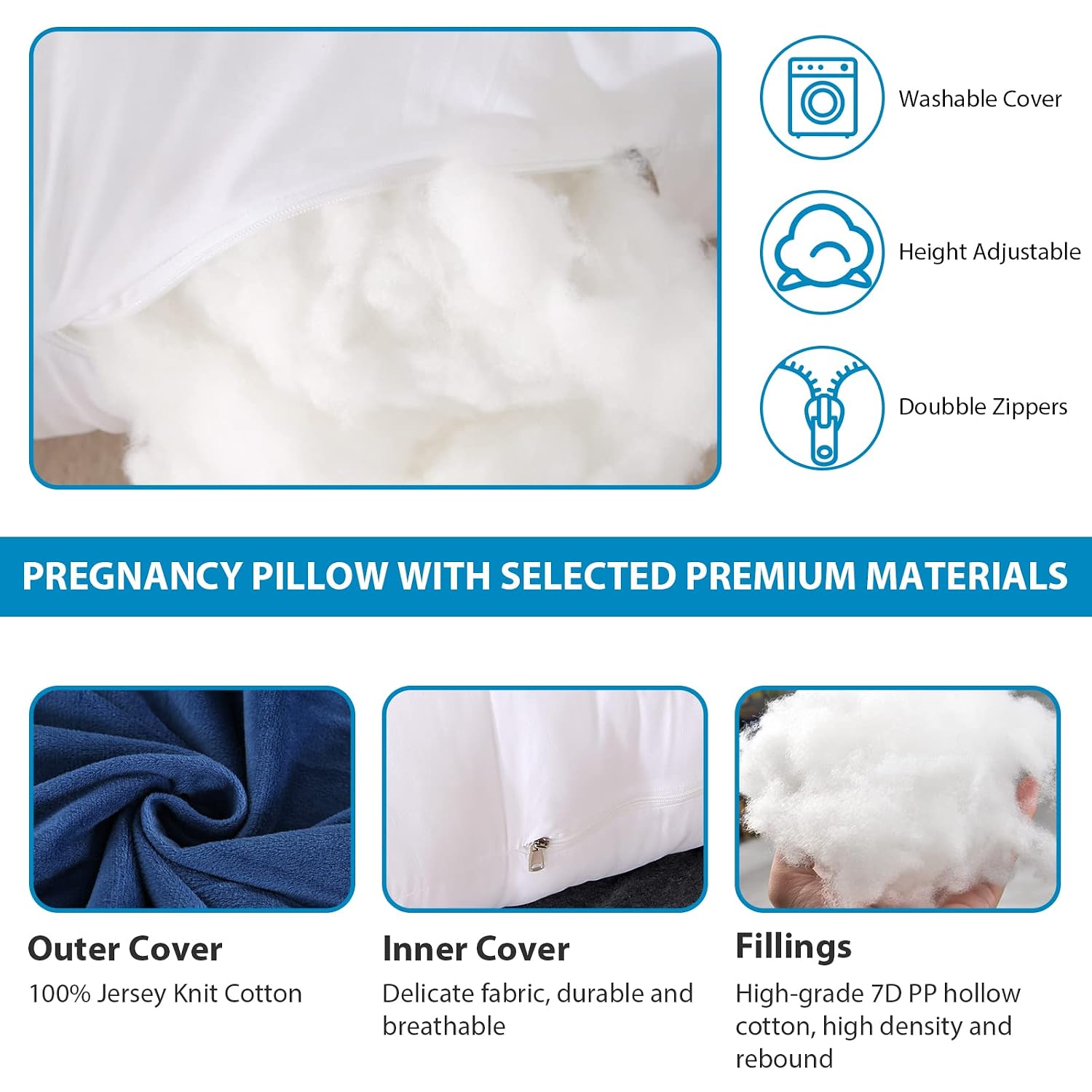 G Shaped Full Body Maternity Pillow For Pregnant Women, Dark Blue - 57 Inch | Washable Premium Cotton Cover | Adjustable Pillow, Multiple Positions Sleeping, Soft & Comfortable Pillow