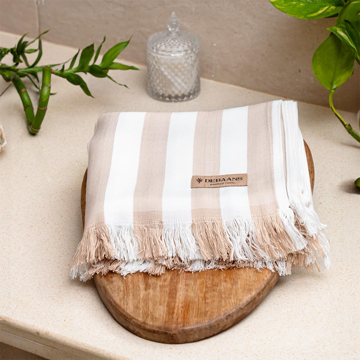 Debaans 100% Bamboo Large Bath Towel 350 Gsm | Buttery Soft, Ultra-Absorbent, Lightweight, Anti-Microbial, Hypoallergenic, Quick Dry Bath Towel (Beige Stripe)