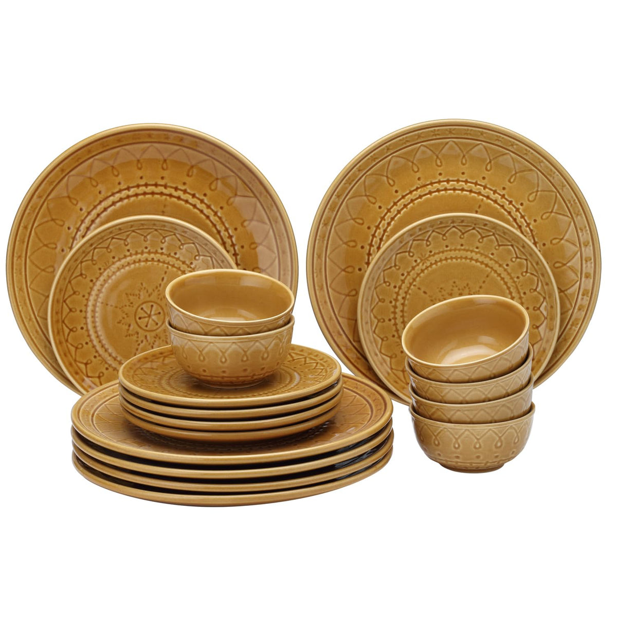 Handcrafted Stoneware Embossed Ceramic Dinner Set Of 18 Pcs - Golden Brown | 6 Dinner Plates+ 6 Small Plates+ 6 Small Dinner Bowls, 180ml Each | Microwave & Dishwasher Safe - Serving For 6