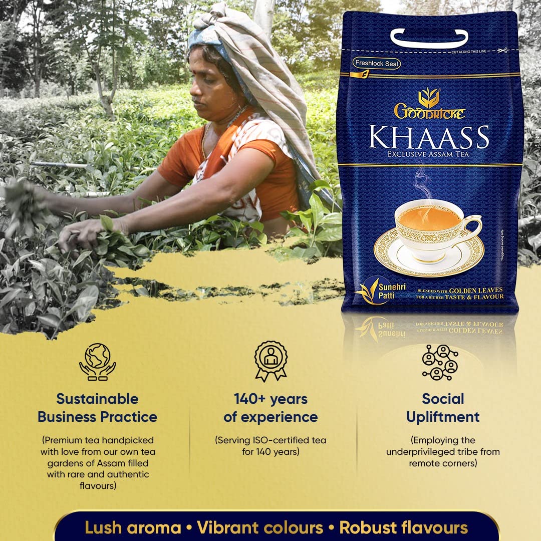 Goodricke Khaass Exclusive Assam Tea - 1 Kg, 35.2 Ounce | Richer Taste & Flavored Chai - Blended With Golden Leaves | Sweet Lasting Aftertaste 100% Natural Assam Tea - Low Caffeine