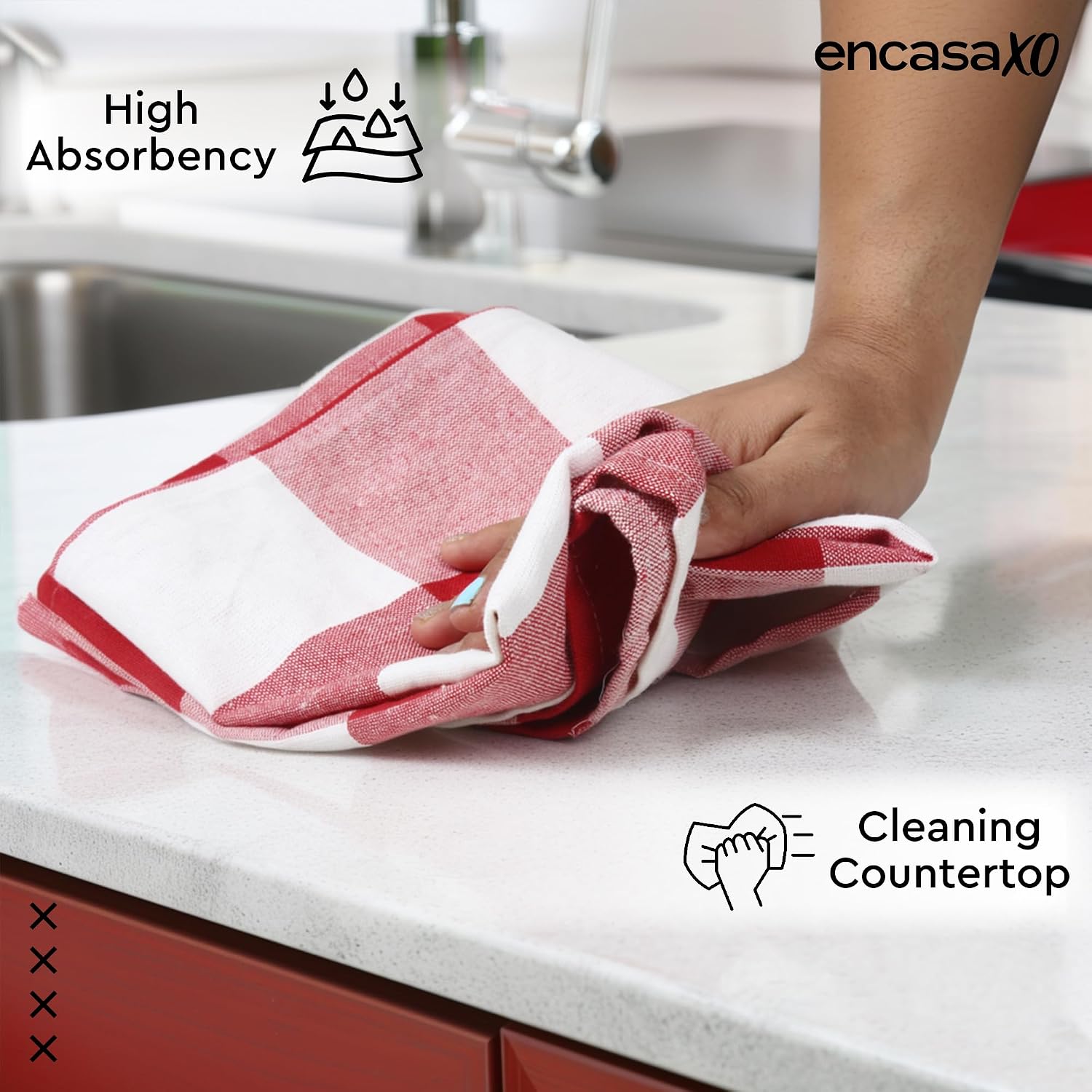 Encasa Xo Kitchen Cooking Cloth 340 Gsm | Cotton Hand Towel For Drying Dishes Highly Absorbent Cleaning & Quick Drying Of Plates | Buffalo Red Checks (Set Of 4)