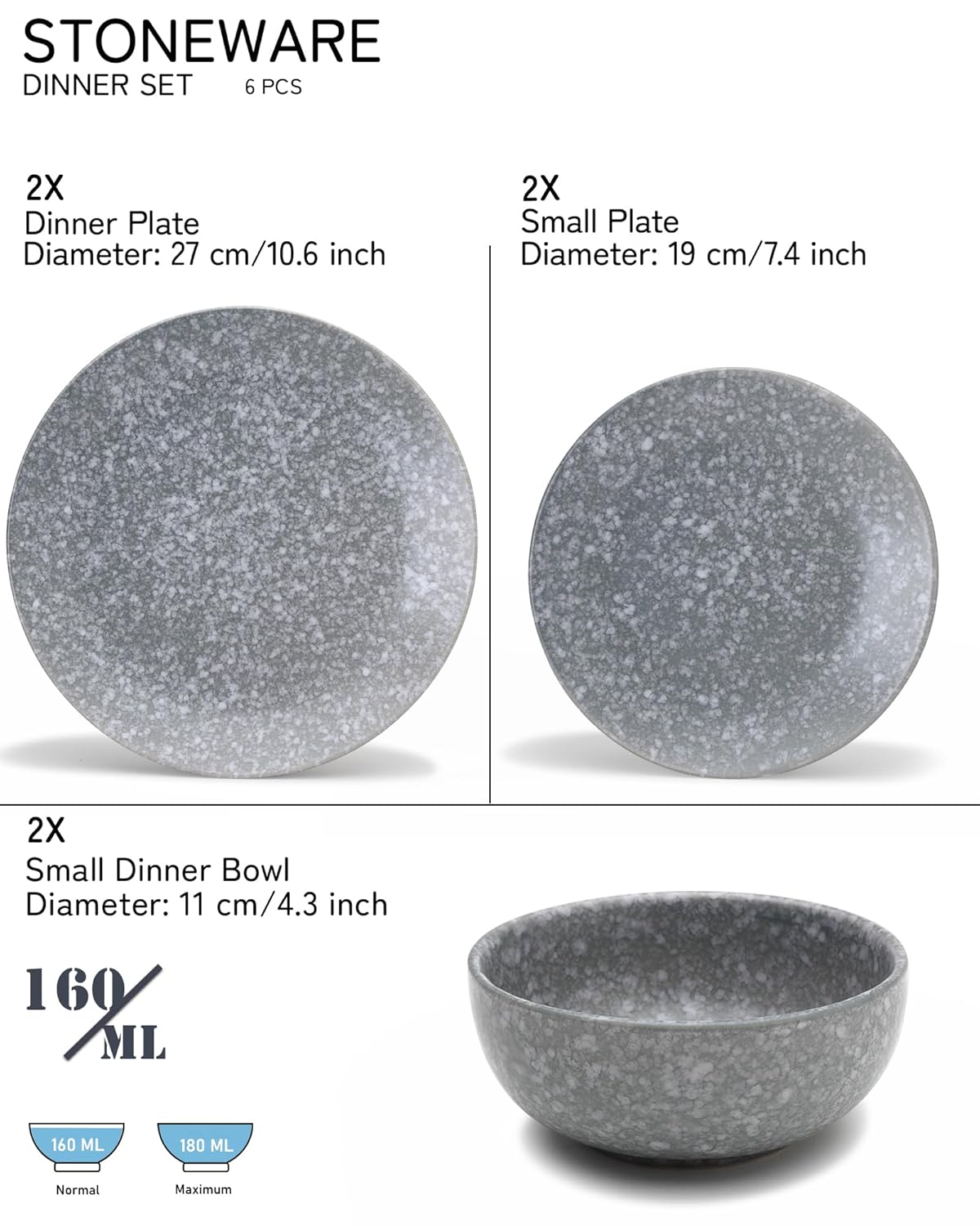 Handcrafted Premium Ceramic Stoneware Dinner Set Of 6 - Silver Grey | 2 Dinner Plates, 10.6 Inch Each+ 2 Small Plates, 7.4 Inch Each + 2 Small Dinner Bowls, 160ml Each | Microwave & Dishwasher Safe