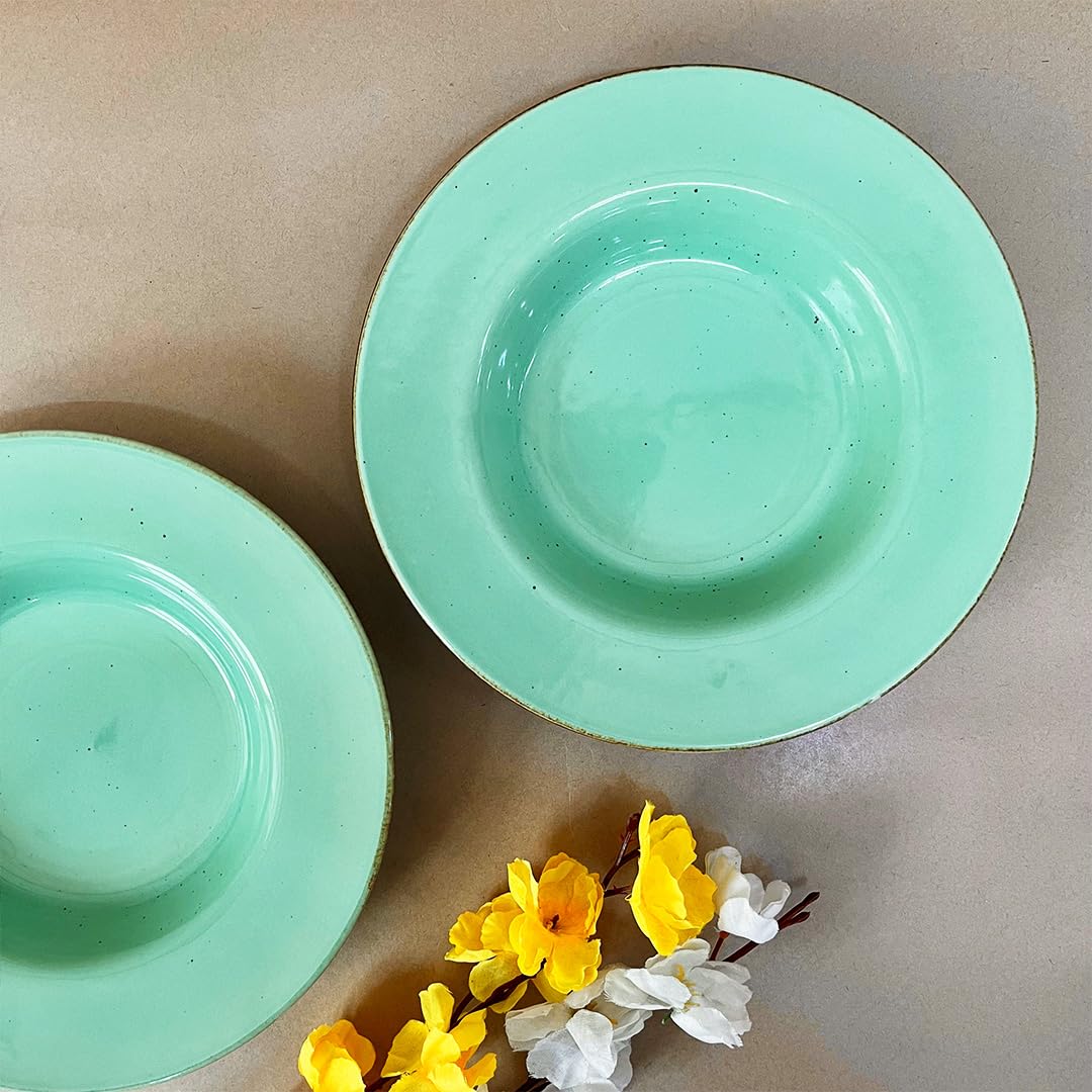 Ocean Green Ceramic Pasta Plates - 2 Pieces | Handcrafted Multi Purpose Ceramic Deep Plates, Snack Plates, Starter Plates - 9 Inch, Microwave Safe & Dishwasher Safe