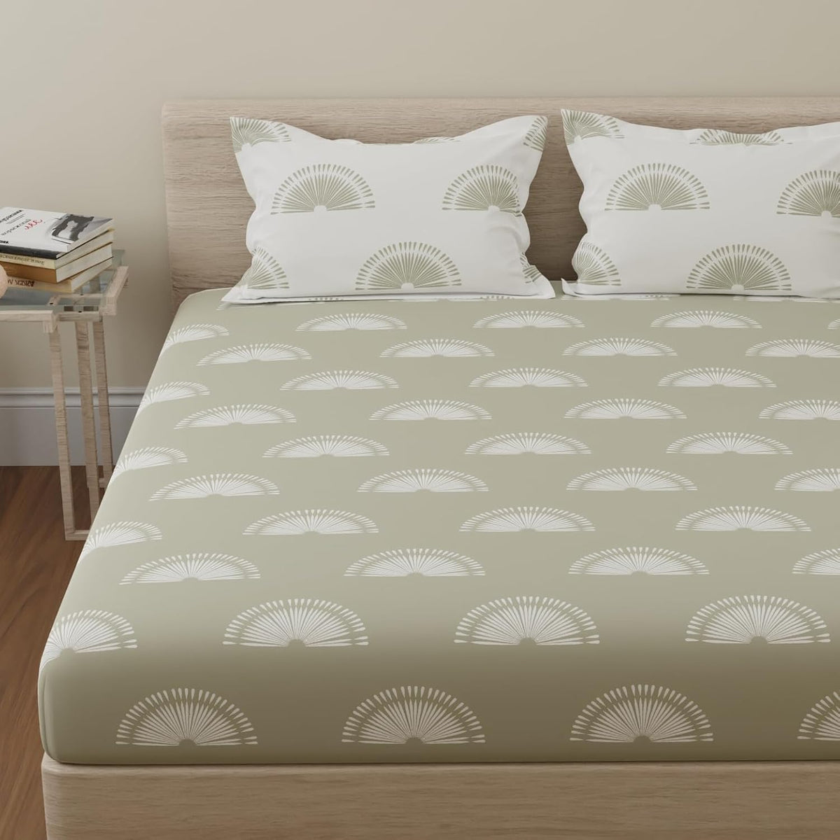 Cotton 144 TC Bedsheets For King Size Bed With 2 Pillow Covers | 108 X 108 Inches, White & Green | Breathe Easy In Cotton Comfort