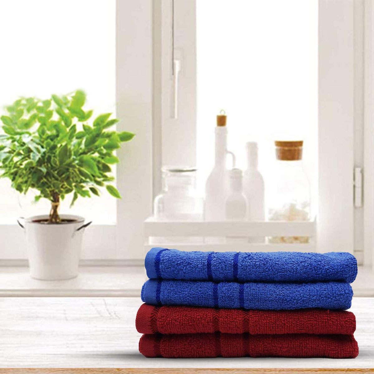 Sassoon Melrose 100% Cotton Hand Towel 800 Gsm | Highly Absorbent, Soft Material Perfect For Daily Use (Blue & Burgundy) -4 Piece