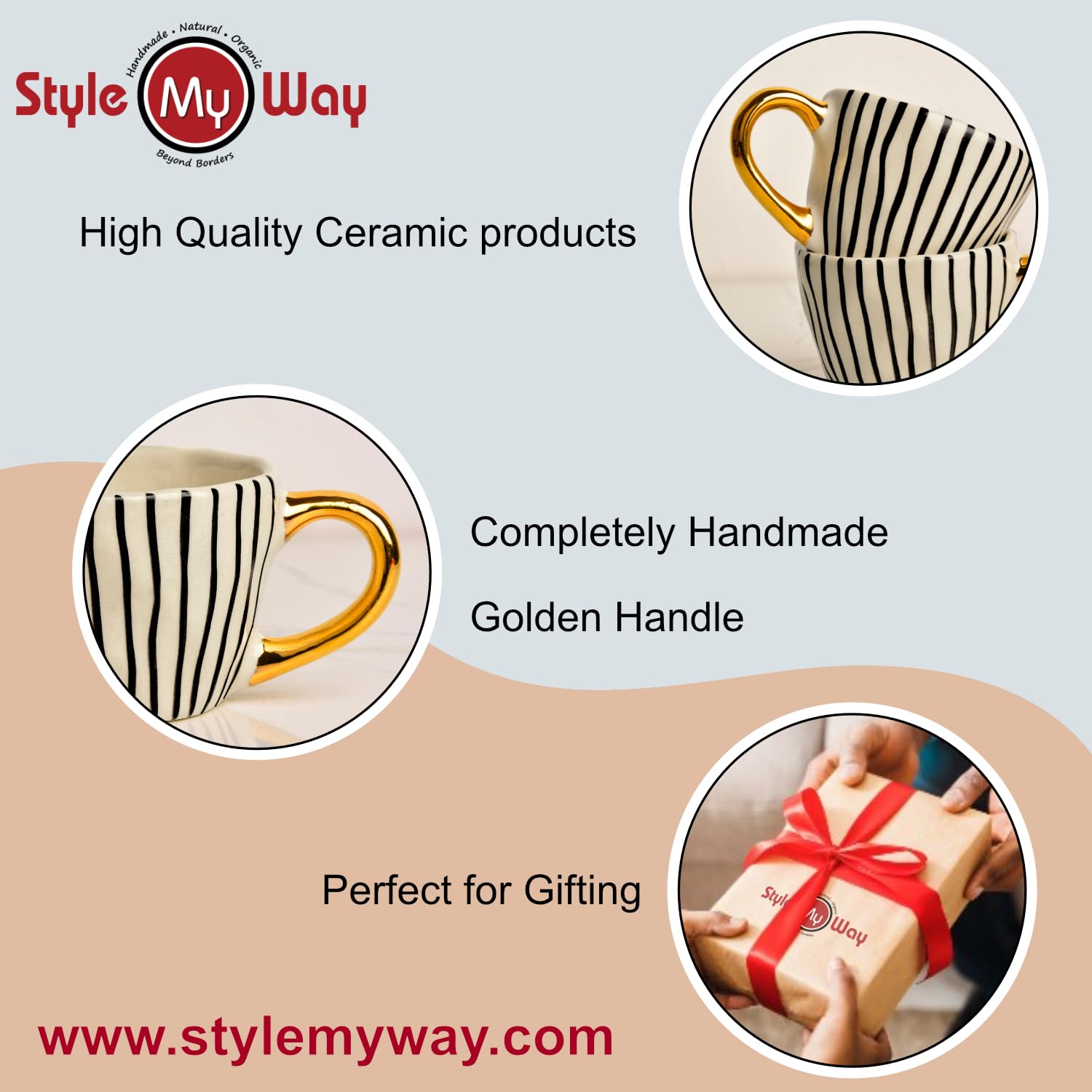 Premium Handmade Vertical Stripes Ceramic Coffee Mugs With Golden Handle Set Of 2 - 200ml Each, Black & White | Tea Cups & Mugs - Chai Cups