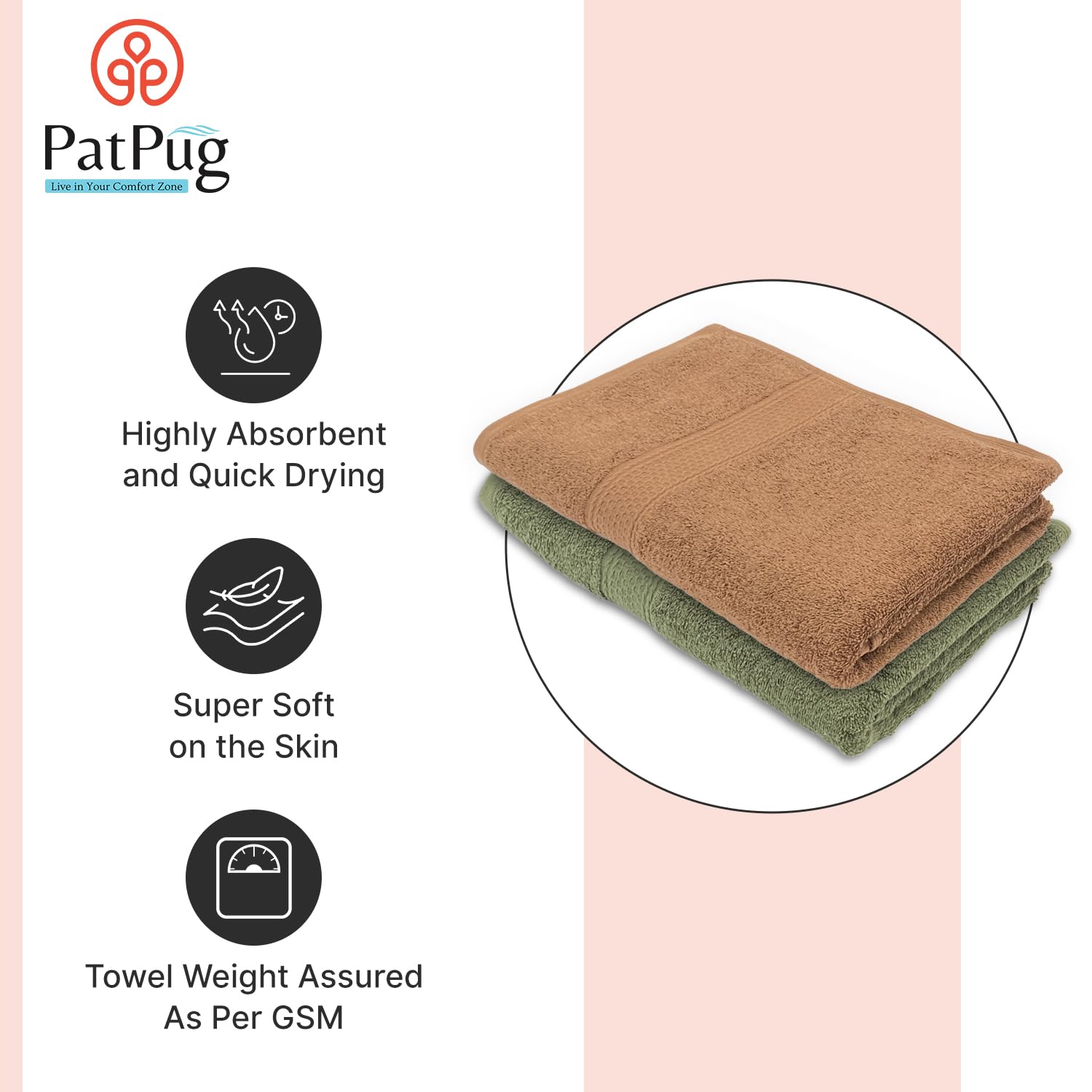 Patpug 100% Indian Ultra Soft Cotton Bath Towel 900 Gsm | Highly Absorbent Quick Drying Towel (Coffee Brown & Olive Green) - Pack Of 2