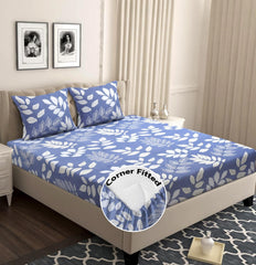 Premium Cotton Double Bedsheets With 2 King Size Pillow Covers - 72x68+6 Inches, Light Grey & White | All Around Elastic Fitted Double Bedsheet