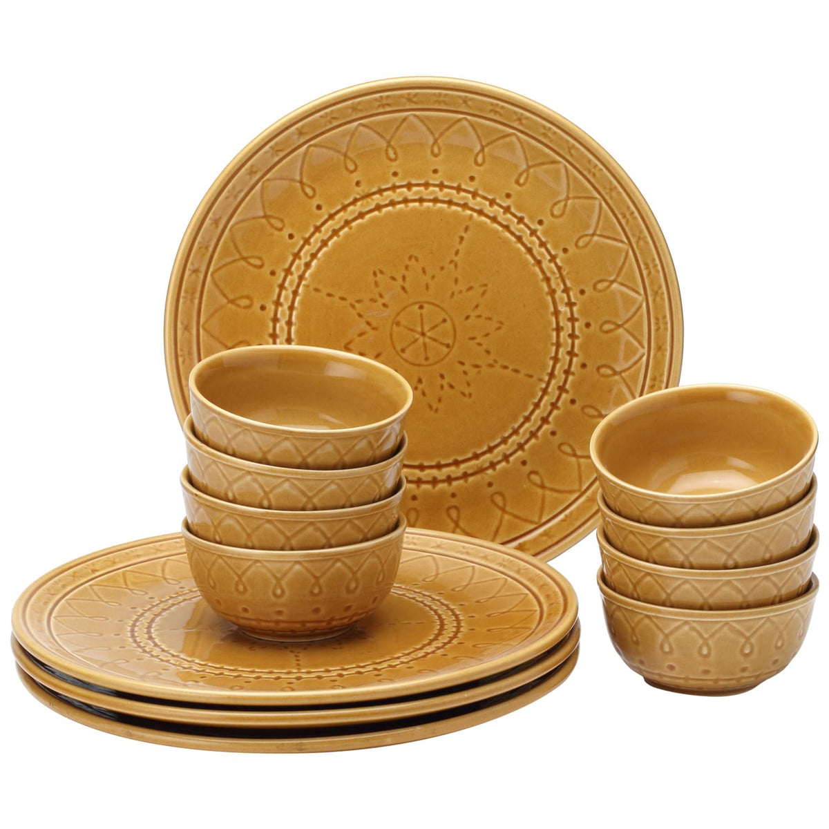 Handcrafted Stoneware Embossed Ceramic Dinner Set Of 12 Pcs - Golden Brown | 4 Dinner Plates+ 8 Salad Bowls, 180ml Each - Microwave & Dishwasher Safe