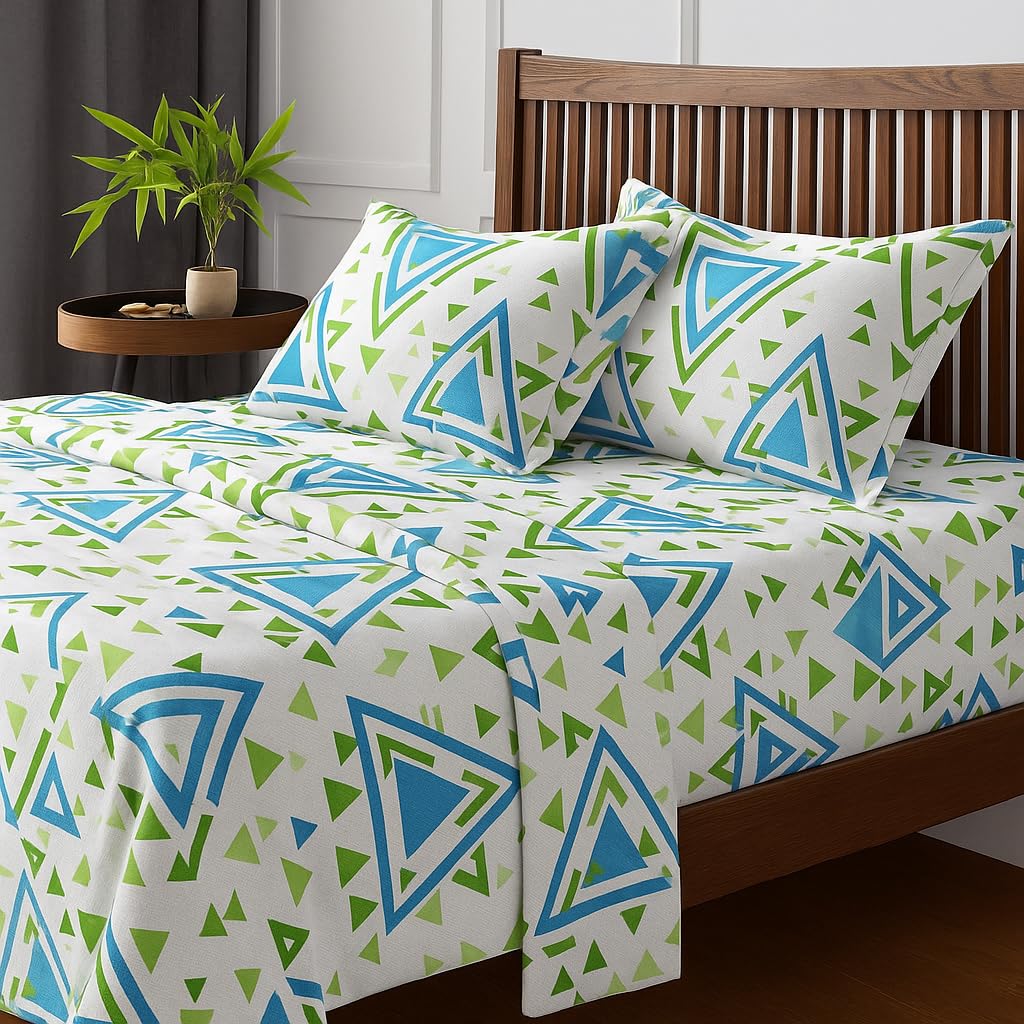 Print King Size Flat Sheet With 2 Pillow Covers - 108 X 108 Inches, Sky Blue & Green | Soft, Breathable & Skin-Friendly Bedding For Daily Use | Machine Washable & Long-Lasting