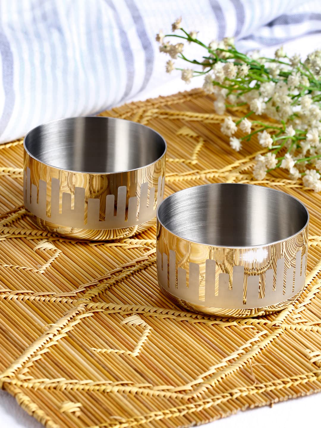Chrome Stainless Steel Katori Set Of 2 - Urban Series, Cityscapes Pattern | Corporate Gifting For Diwali - Premium Bowls Wati | Serve Ware, Dinnerware & Tableware