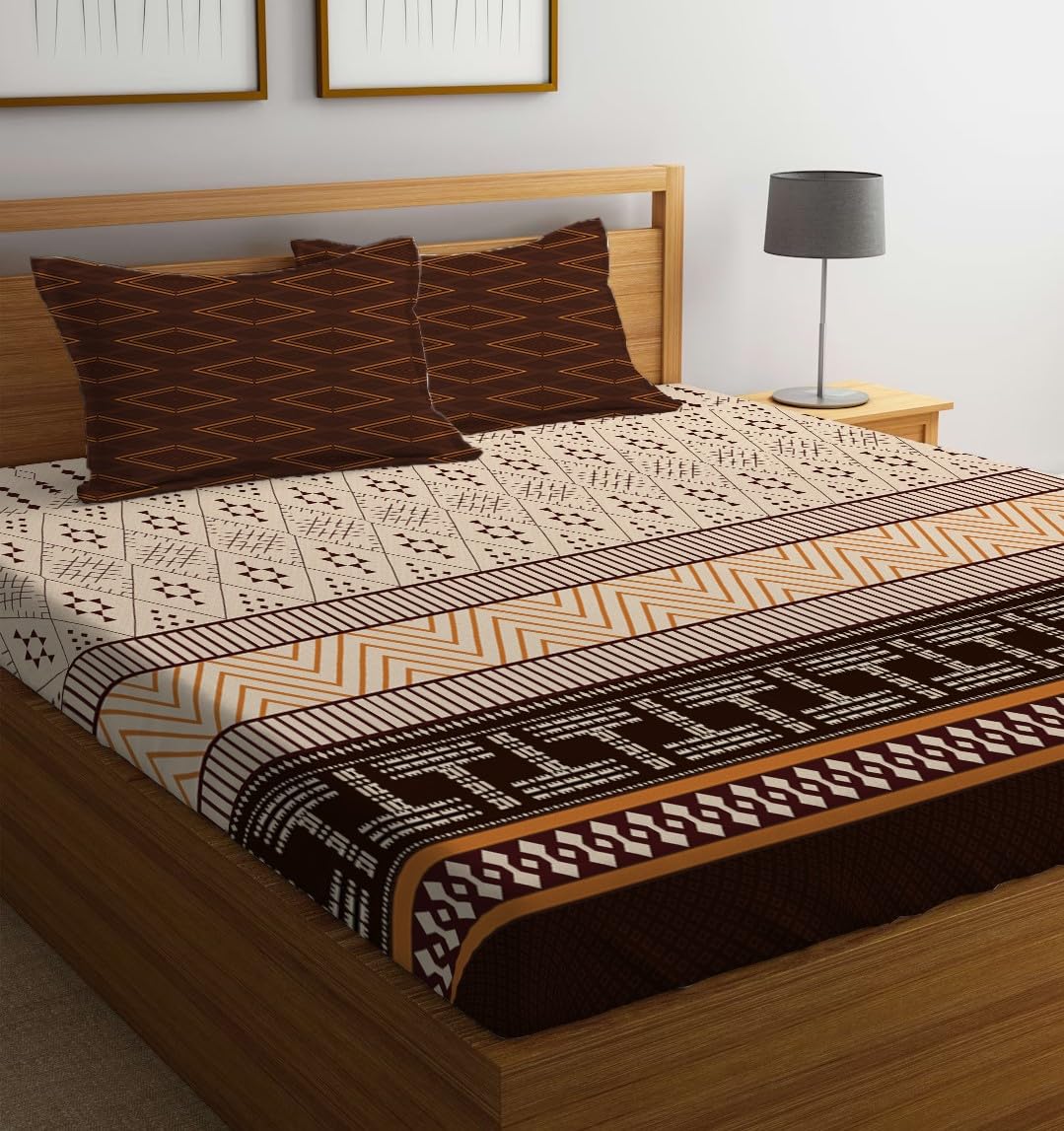 Super King Size Bedsheet For Double Bed With 2 Pillow Cover - 108 X 108 Inches, Beige & Brown | Handcrafted Using Traditional Techniques | Perfect For Gifting Anniversaries, Birthdays