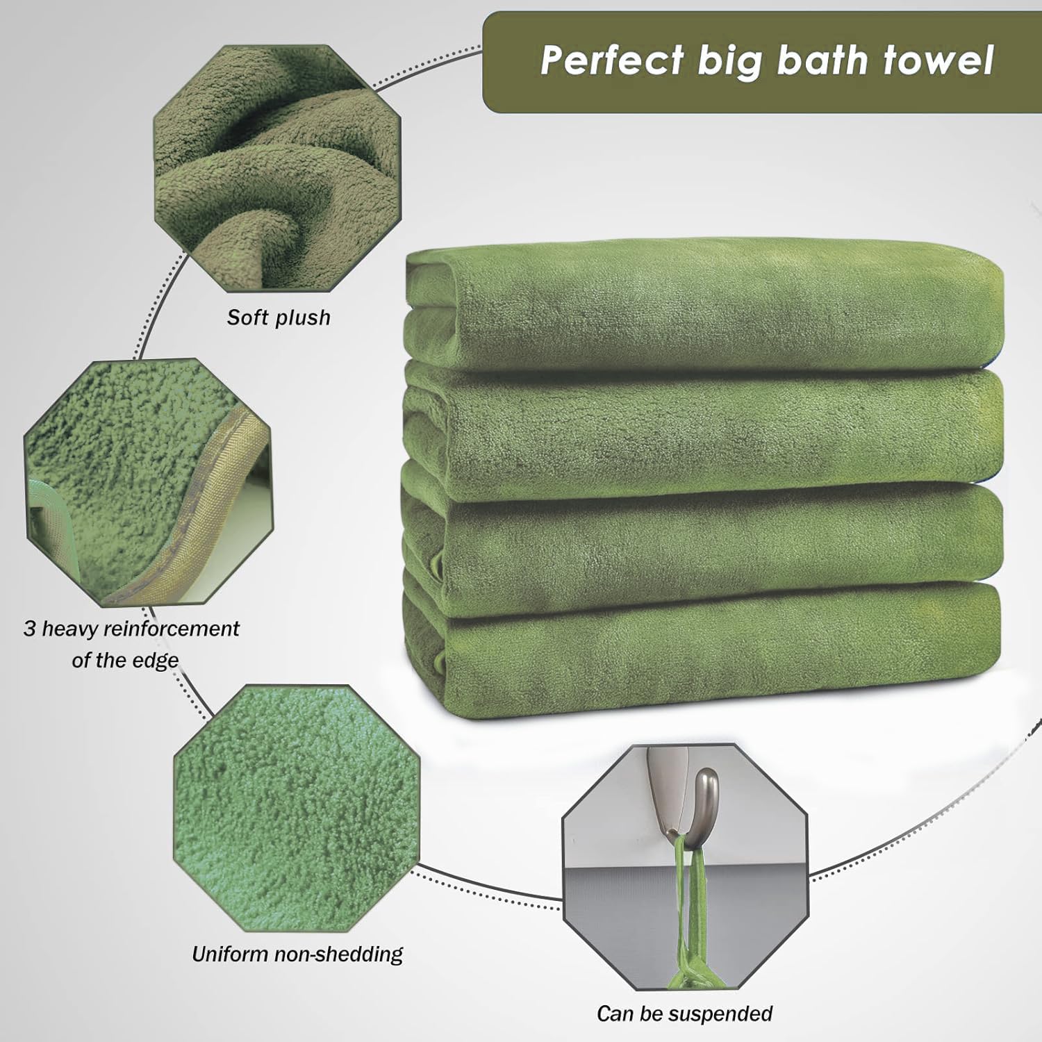 Maxoshine Microfiber Bath Towels Large Size-Super Soft Coral Fleece Bathing Towel Hook Quick Dry Super Absorbent-Bath Towel For Men & Women (Purple/Olive Green, Pack Of 2)