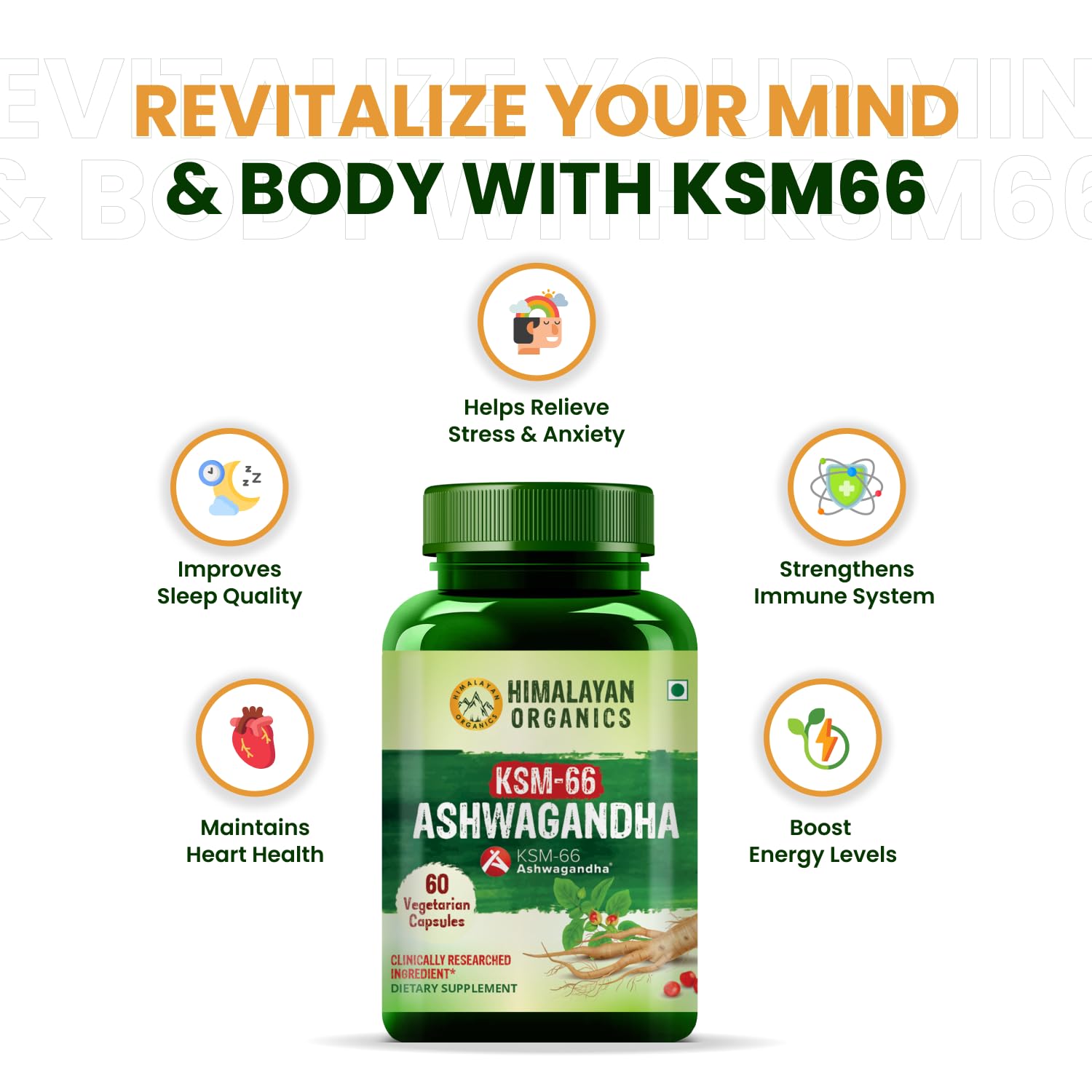 Himalayan Organics Ashwagandha 1000mg, Boost Energy, Strength, Stamina Helps Anxiety & Stress Relief For Men & Women | 60 Capsules 100gm 0.2lbs