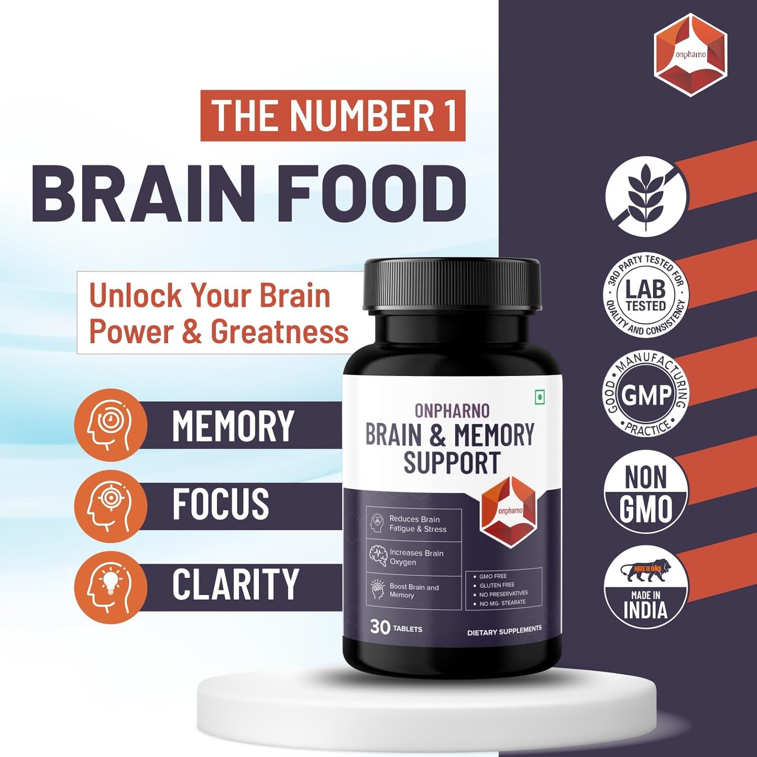 Onpharno Brain & Memory Support, For Improved Memory, Focus & Clarity, Enhance Cognitive Function, Potent Formula With Brahmi, Ginseng, Ginkgo Biloba, L- Theanine | 30 Tablets 100gm 0.2lbs