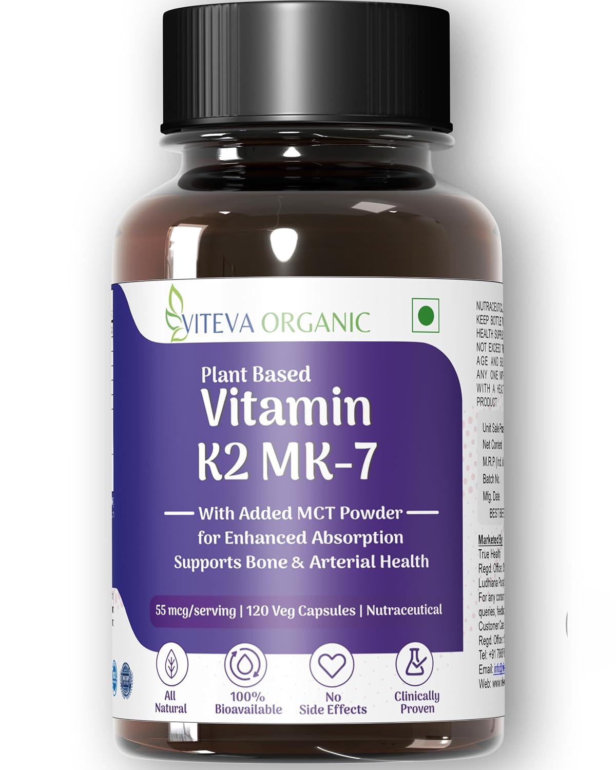 Viteva Organic Vitamin K2 , 100% Vegetarian Plant Based Vitamin K2 Mk - 7 With Mct Powder, For Optimal Calcium Absorption Benefits In Bone Health - 55mcg | 120 Veg Capsules , 200gm 0.4lbs