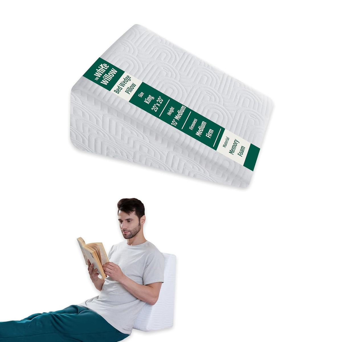 Orthopedic Bed Wedge Pillow, White, King Size - 20 L X 20 W X 10 H Inch | Soft Pillow, Memory Foam Pillow, Removable Pillow Cover, Medium Height Pillow, Washable Outer Cover