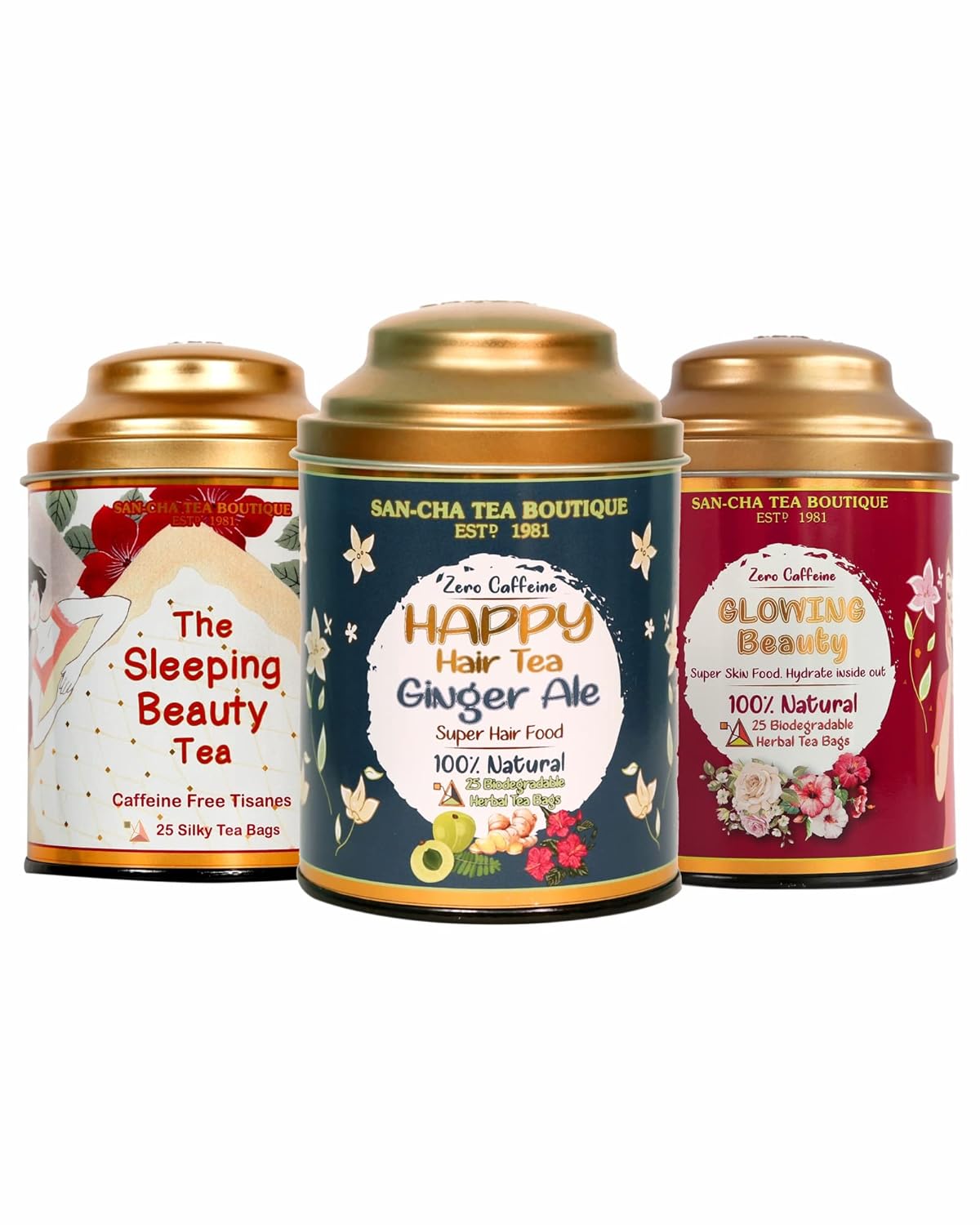 San-Cha Herbal Tea Combo Pack Of 3 - Sleeping Beauty + Happy Hair + Glowing Beauty Herbal Tea Bags, 75 Pyramid Tea Bags | Caffeine Free