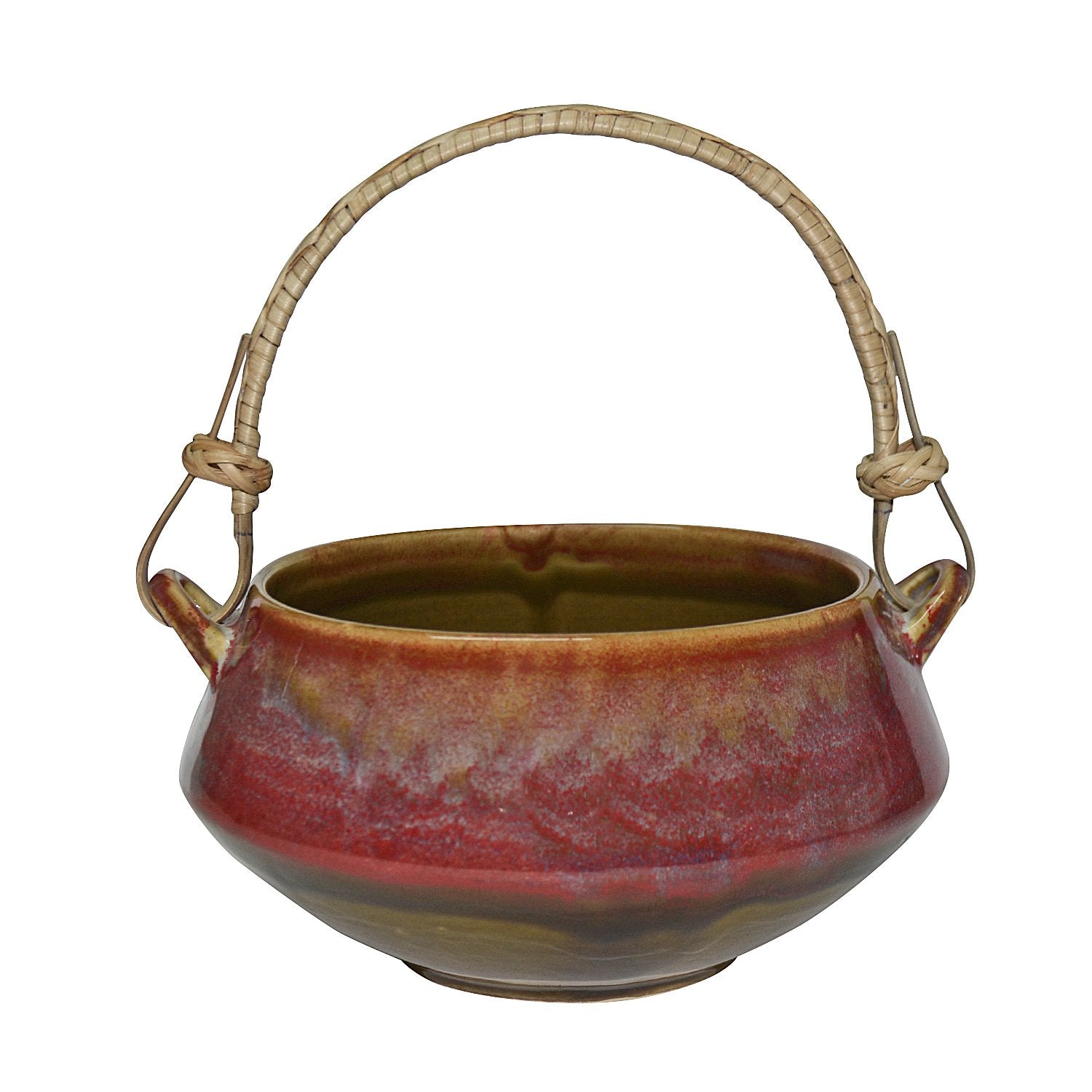 Studio Pottery Glazed Serving Donga With Cane Handle - Red & Black, 1000ml | Dinner Snack Serving Bowl - Unique Design Donga - Serving Bowl