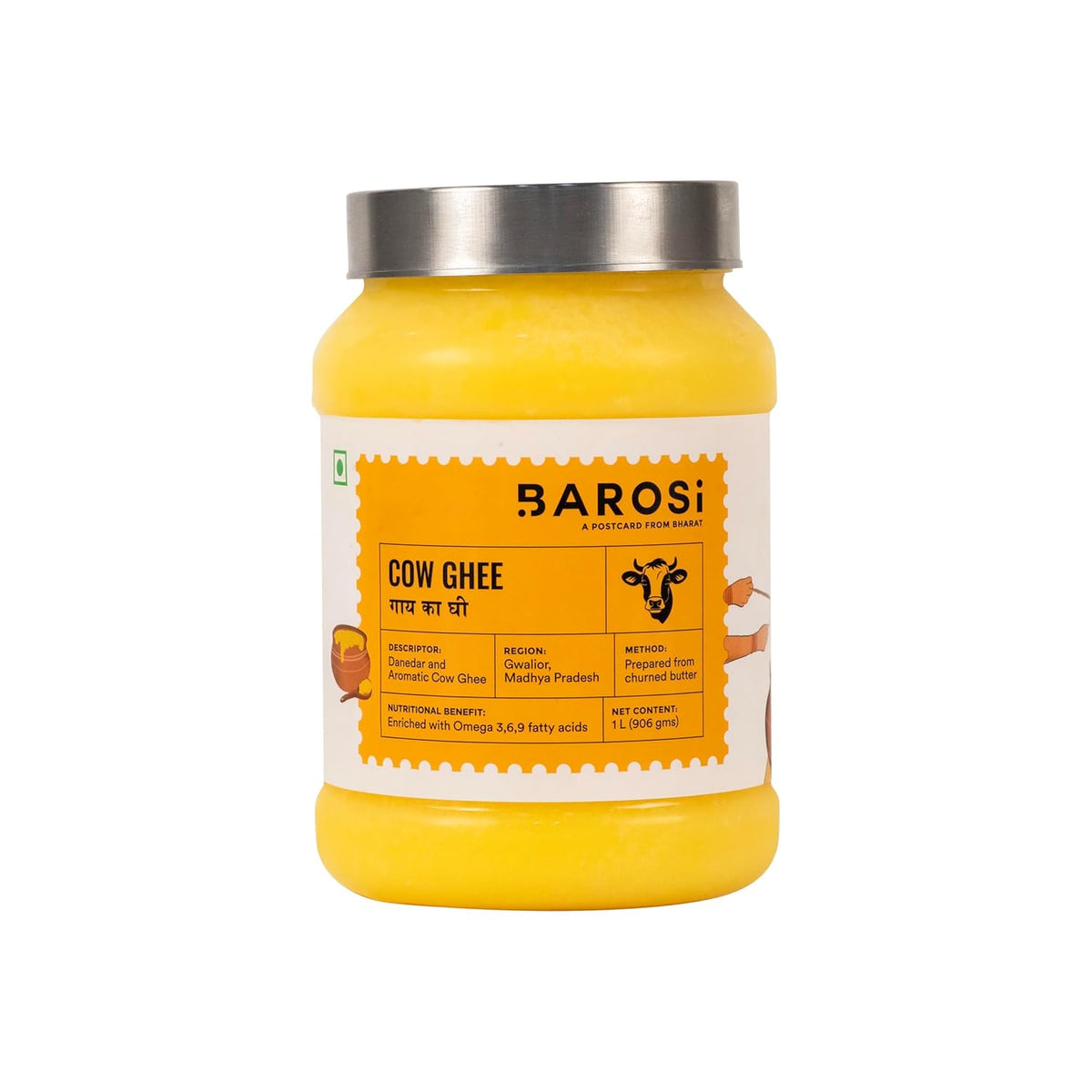Natural Desi Cow Ghee By Barosi | Rich In Vitamins A, E & Healthy Cow Desi Ghee Good For Digestive Health | (1 Litr) 33.8 Ounce | Jar Pack