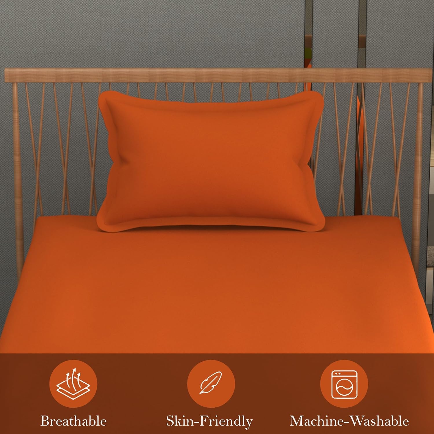 Solid Plain Single Size Bedsheet Set With 1 Pillow Covers | Size - 60 X 90 Inches, Orange | Ideal For All Seasons Due To Its Breathable Nature