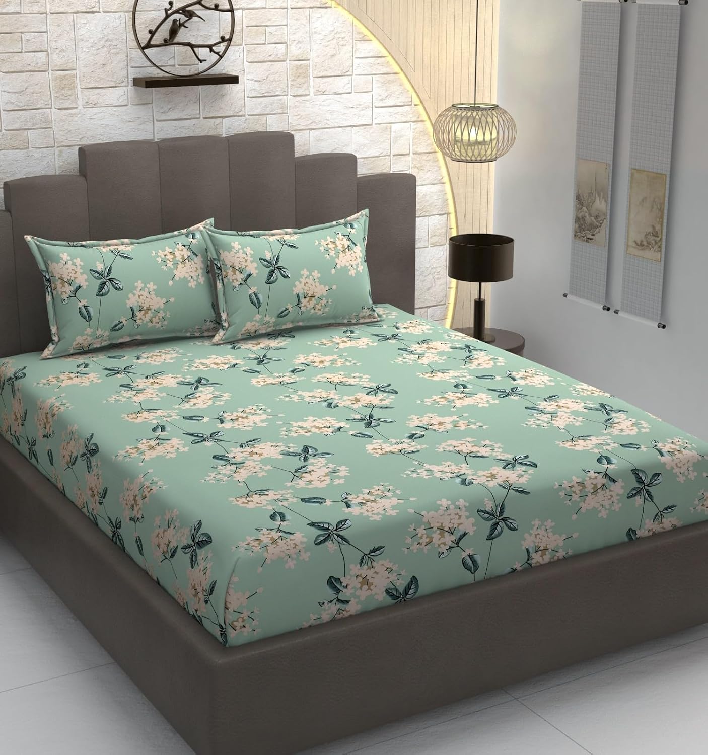 King Size Elastic Fitted Bedsheets With 2 Pillow Covers - 90 X 100 Inches, Pista Green | Soft Wrinkle Free & Breathable Elastic Bedsheets - Durable & Long Lasting Bedsheet