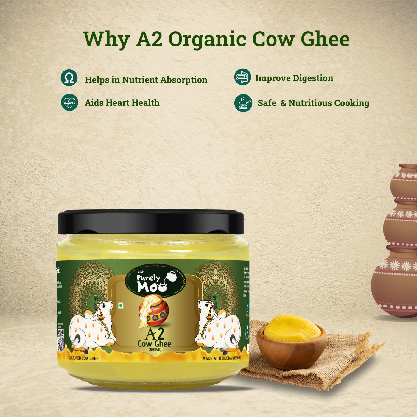 100% Pure Premium A2 Cow Ghee By AMP Purely Moo | Natural & Healthy Desi A2 Cow Ghee Perfect For Digestive Health | (250ml) 8.4 Ounce | Jar Pack