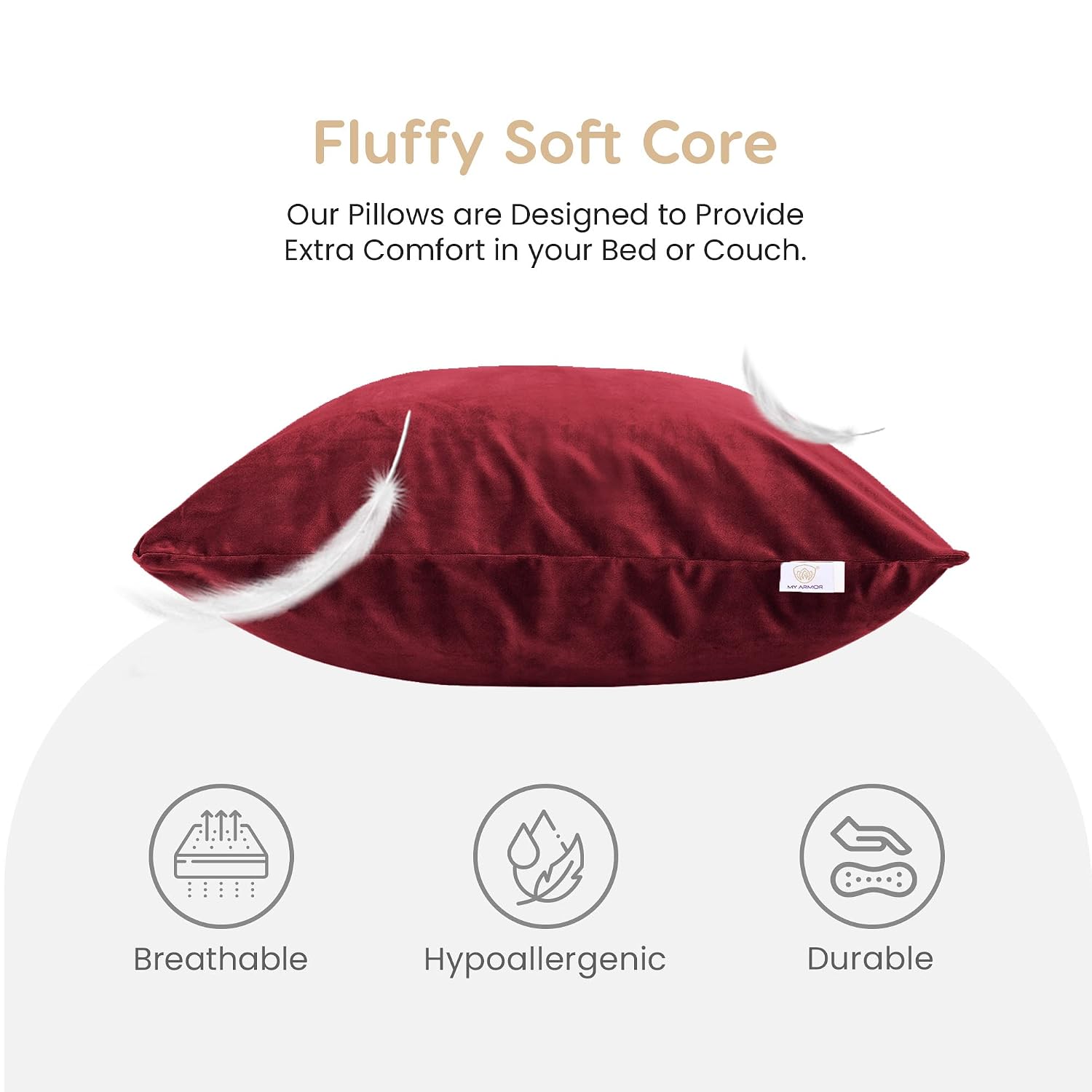 Microfiber Square Soft Pillow Cushion For Sofa & Bed, Maroon - 16 X 16 Inch | Fluffy For Comfort & Back Support | Breathable, Washable | Premium Velvet Outer Cover With Zip - Pack Of 5