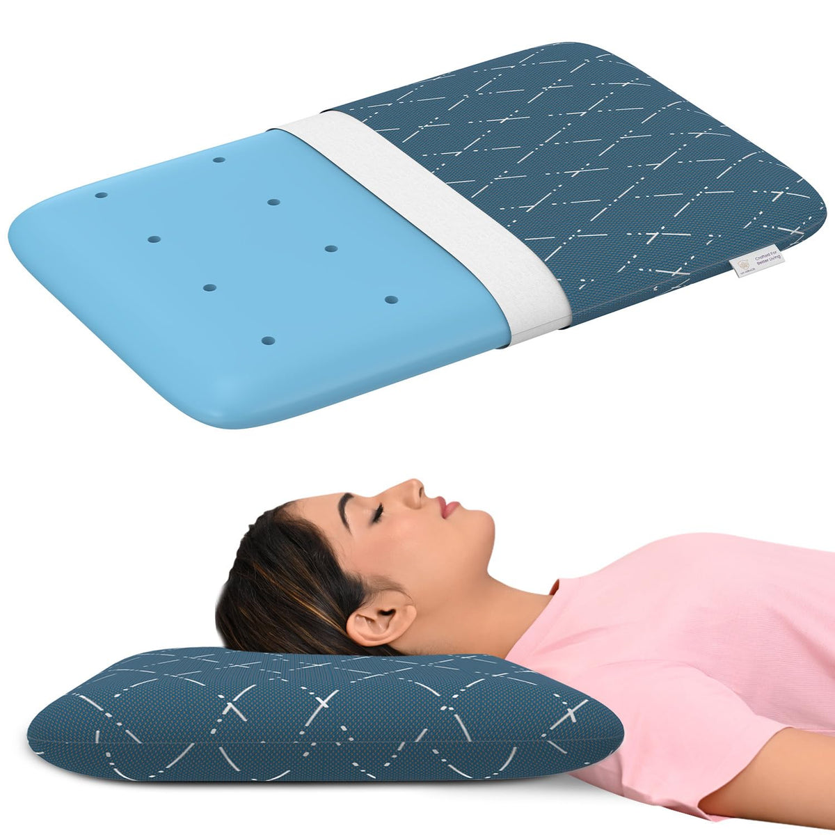 Cool Gel Memory Foam Pillow, Orthopedic Pillow For Sleeping, Thin Size - 3 Inch | Neck Pain Relief, Washable Blue Checks Cover | Removable Cover, Breathable, Pillow - Pack Of 1