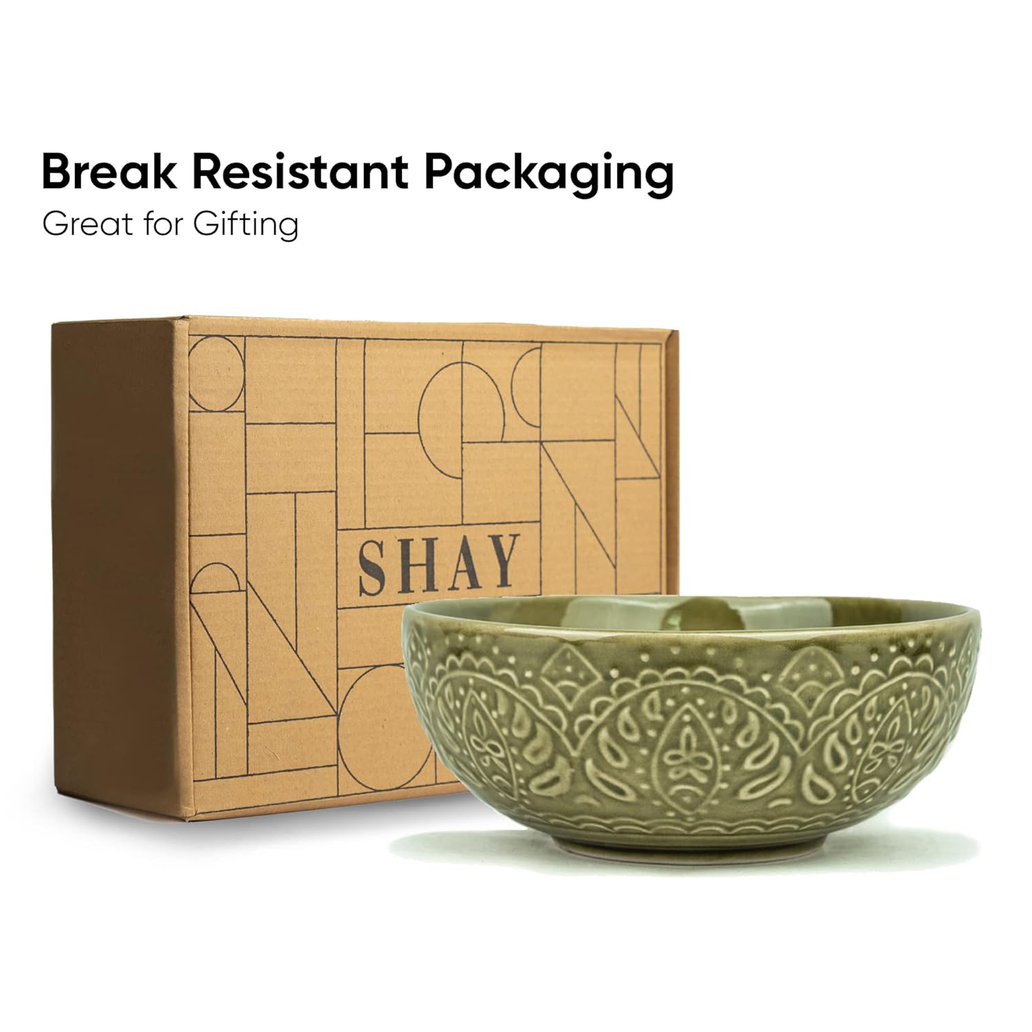 Ceramic Carving Large Serving Bowls Set Of 1 Pc - 1200ml, Mehndi Green Carving | Premium Ceramic Bowls - Large Size | Microwave Safe Bowls - Bowl Sets With Glossy Finish | Ceramic Bowl