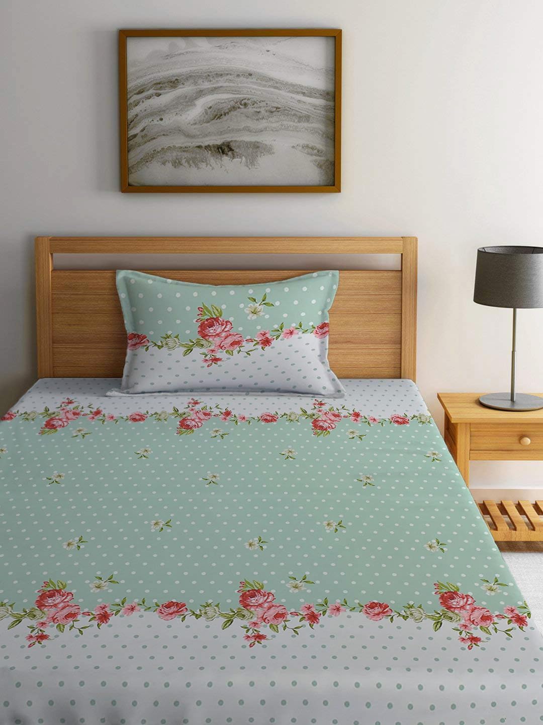 Printed Single Bedsheet Size With 1 Pillow Cover - 60 X 90 Inches, White & Green | Cotton Wrinkle Free Soft, Breathable | Durable & Long-Lasting