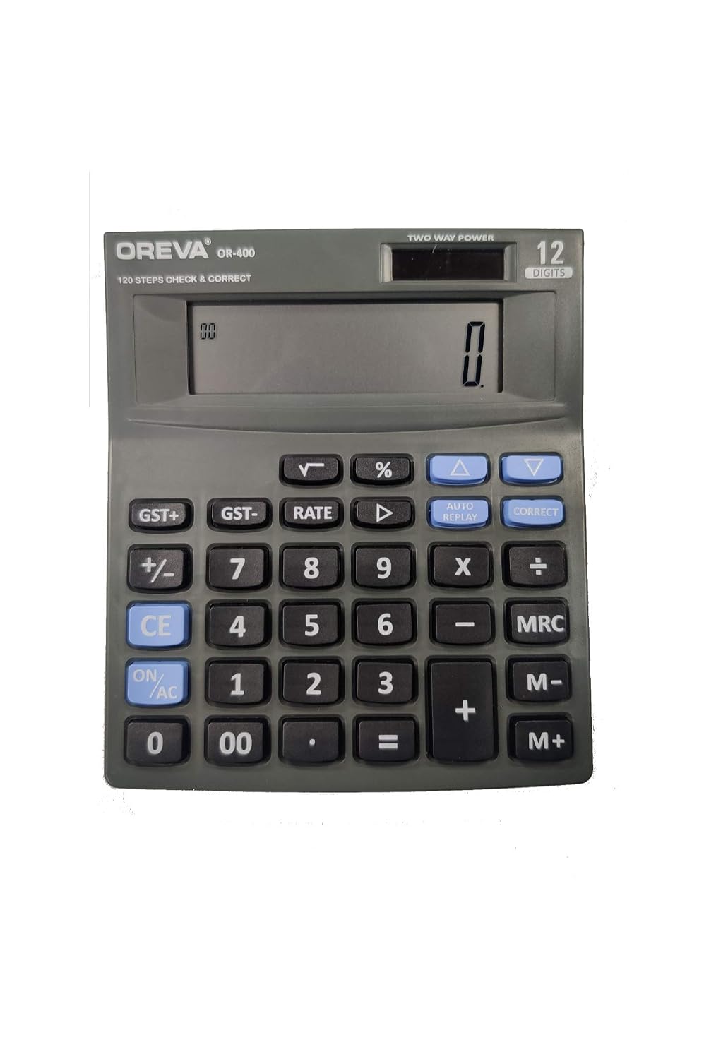 Oreva Calculator - Solar & Battery/ Check & Correct Or400, Grey | 12 Digits Display