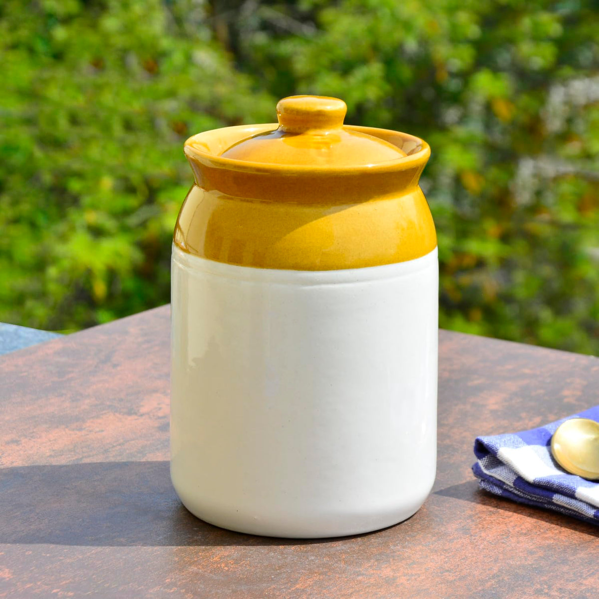 Hand Glazed Dual Tone Ceramic Jar With Lid 1400ml - Sand Yellow & Off White | Ceramic Storage Container For Kitchen, Salt, Spices | Pickle Storage Jar - Burni For Achar