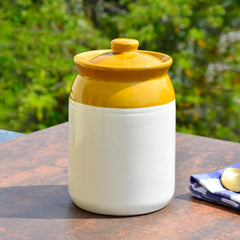 Hand Glazed Dual Tone Ceramic Jar With Lid 1400ml - Sand Yellow & Off White | Ceramic Storage Container For Kitchen, Salt, Spices - Pickle Storage Jar, Burni For Achar