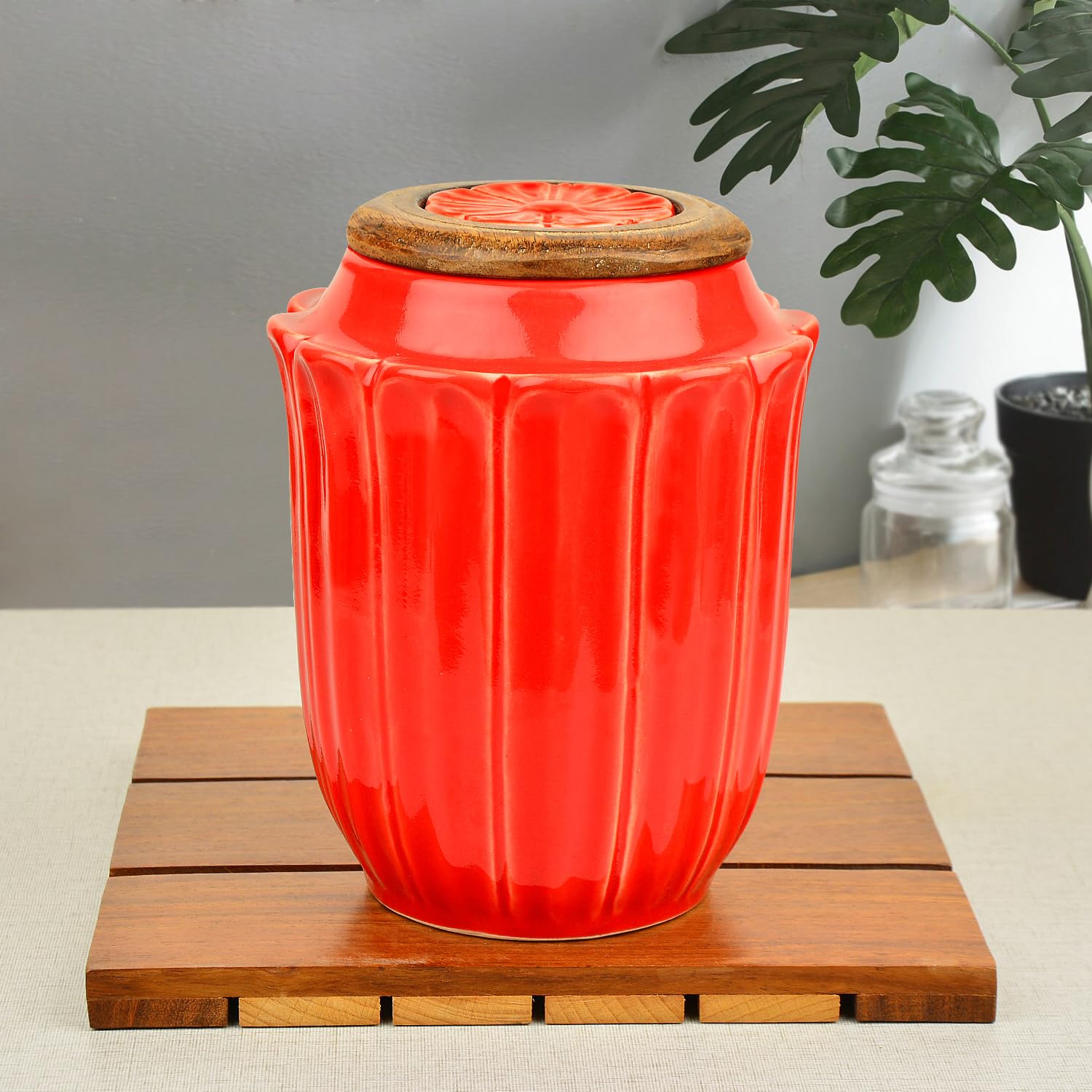 Hand Glazed Multi Utility Storage Airtight Ceramic Jar With Wooden Lid 1000ml, Red | Airtight Ceramic Kitchen Canister - Cookie Jar - Pickle Storage Container, Burni