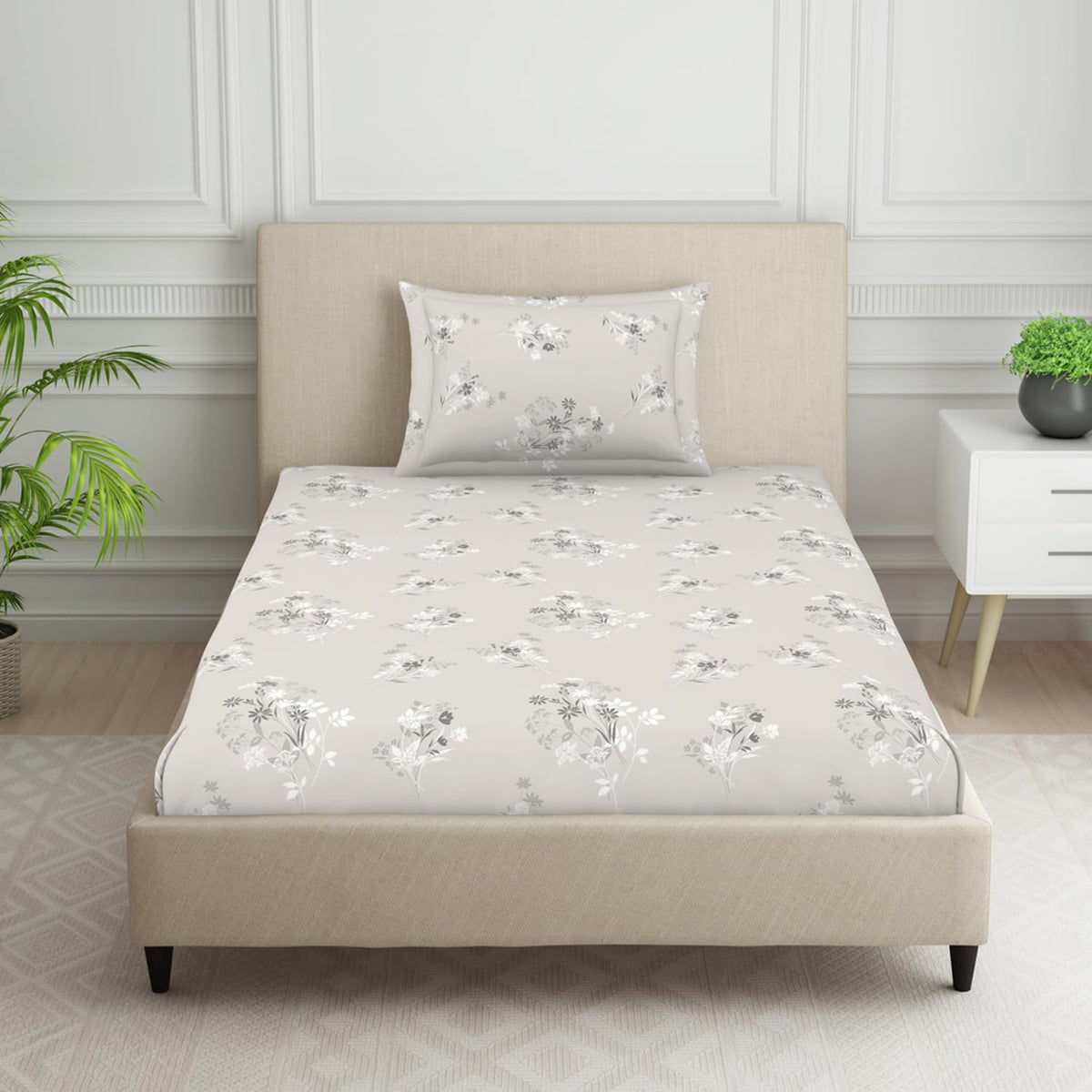 Polycotton Bedsheet For Single Bed With 1 Pillow Cover - 60 X 88 Inches, Grey | Skin Safe & Super Soft Small Size Bedsheet - 120 Thread Count